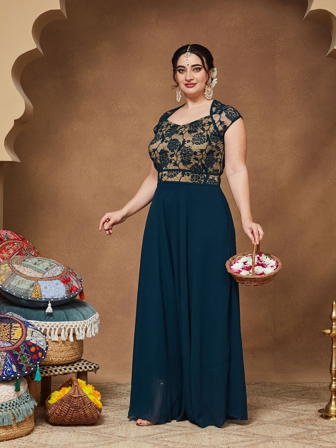 Teal Floral V - Neck Cap Short Sleeves Lace Overlaid Fit & Flare Paneled Maxi Dress for Women