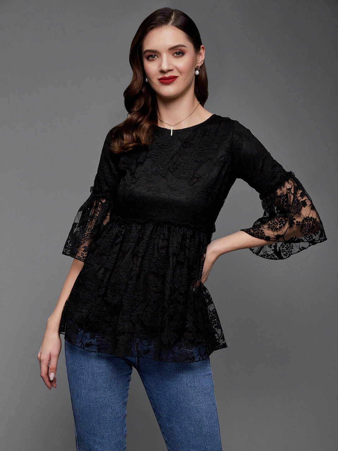 Women's Black Relaxed Fit Regular Lace Top