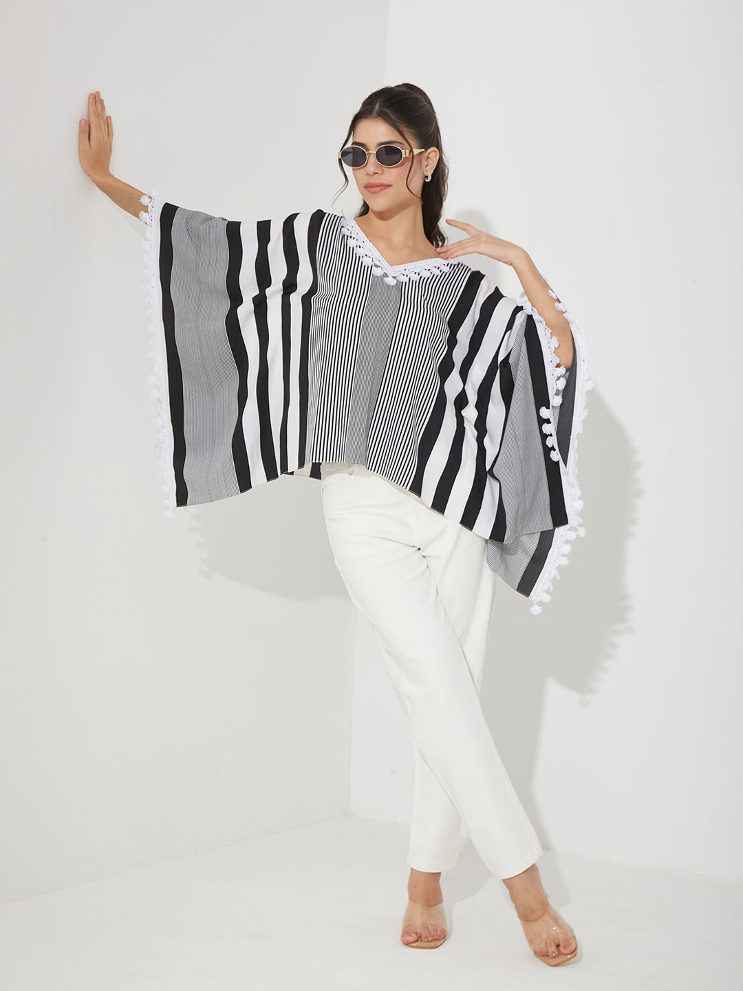 Women's Black & White V-Neck Kaftan Sleeve Striped Regular-Length Crepe Kaftan Top