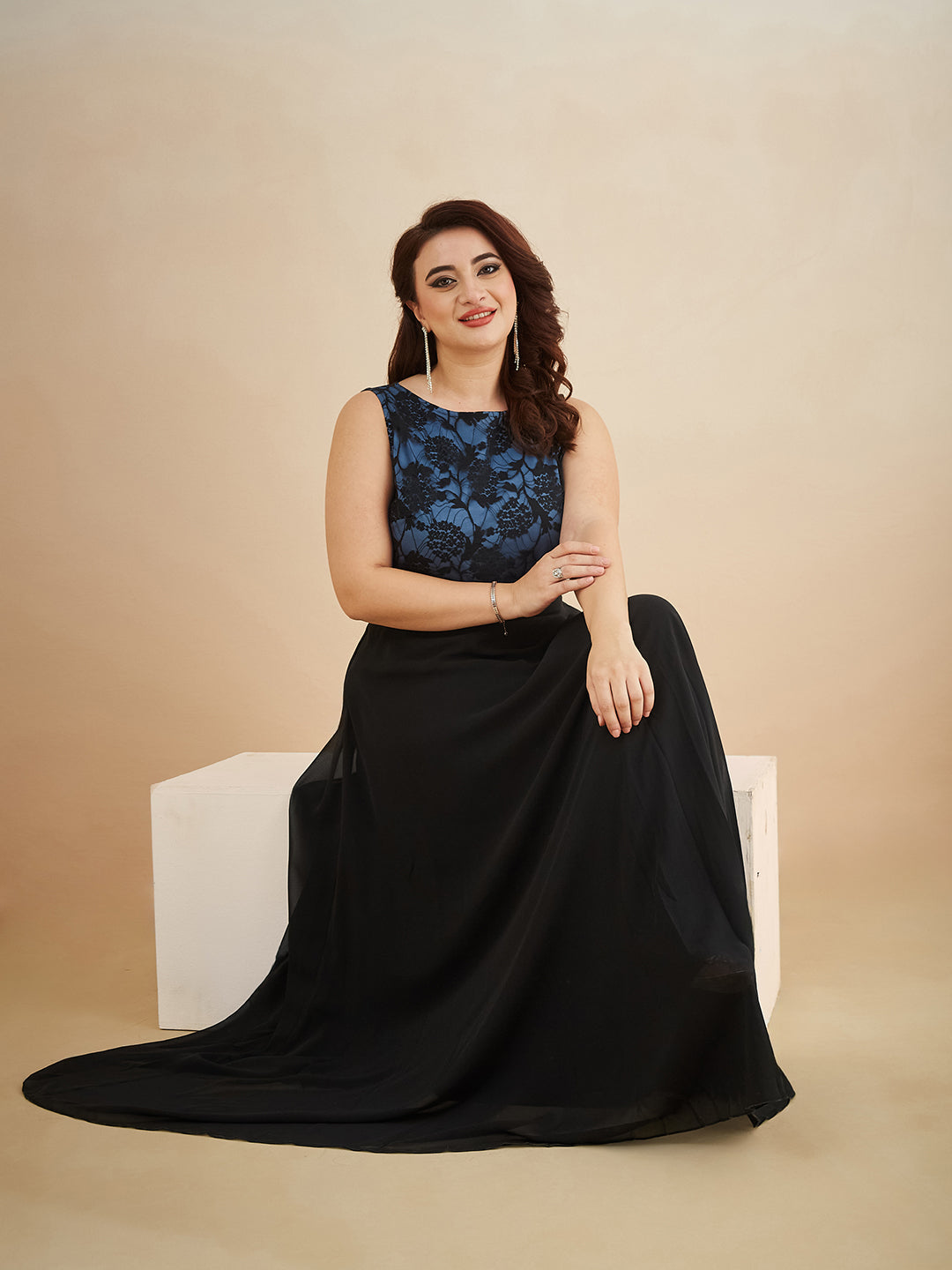 Blue & Black Round Neck Sleeveless Georgette Floral Lace Fit & Flare Maxi Dress for Women