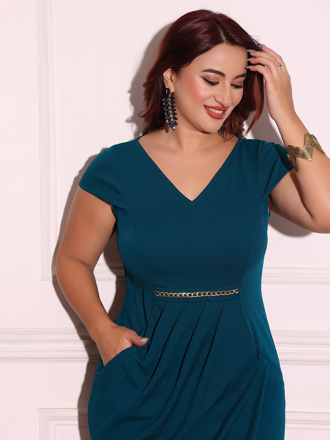 Teal V-Neck Cap Sleeve Solid Wrapped Polyester Knee-Long Dress for Women