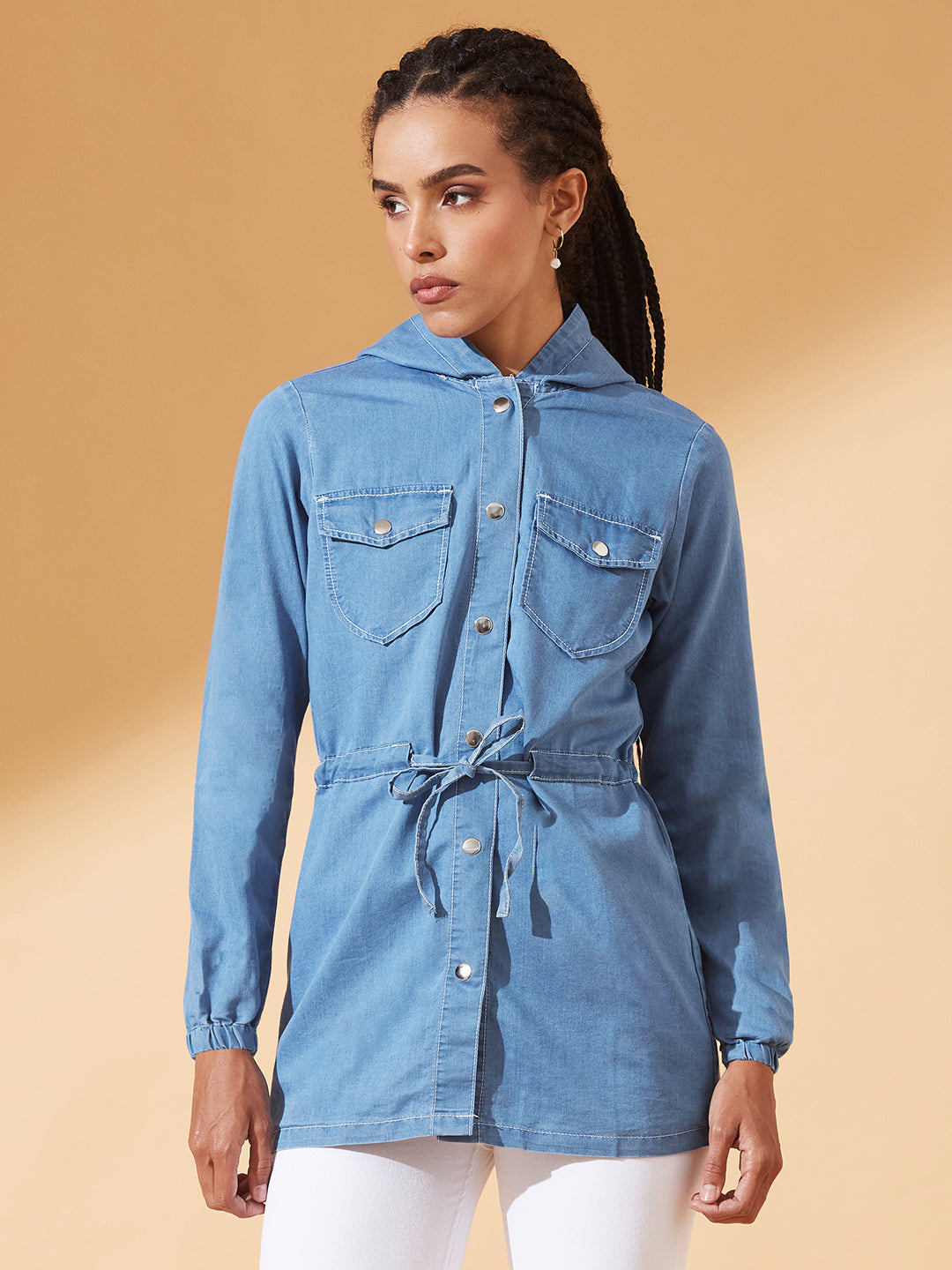 Light-Blue Round Neck Full Sleeve Solid Long hoodie with tie-up Regular Jacket for Women