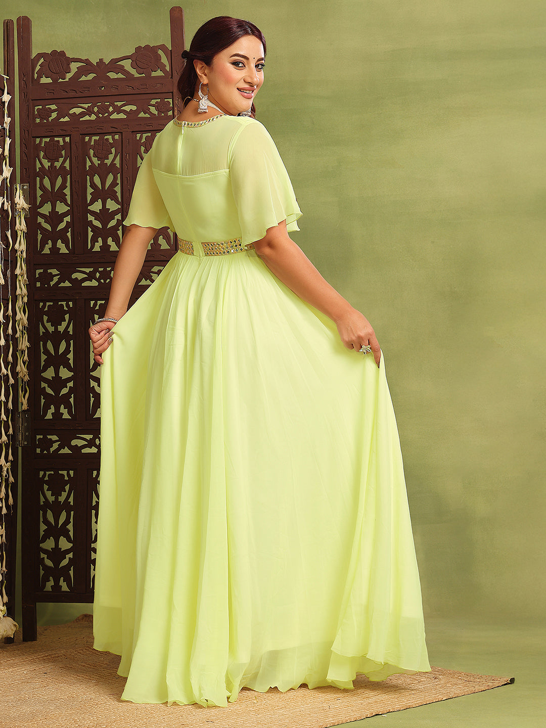 Lemon Yellow V-Neck Flared/ Bell Sleeves Solid Georgette Fit & Flare Maxi Dress for Women