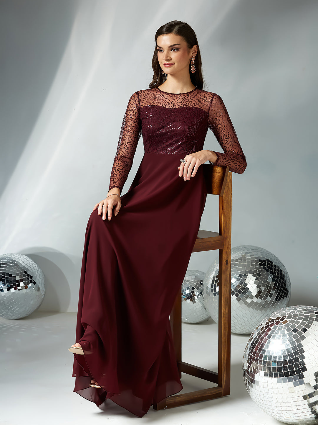 Women's Wine Solid Embellished Maxi Dress