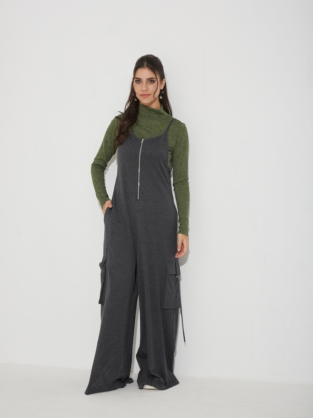 Charcoal Grey and Green Turtle Neck Full Sleeve Solid Regular Fit Cotton Dungaree Co-Ord Set for Women