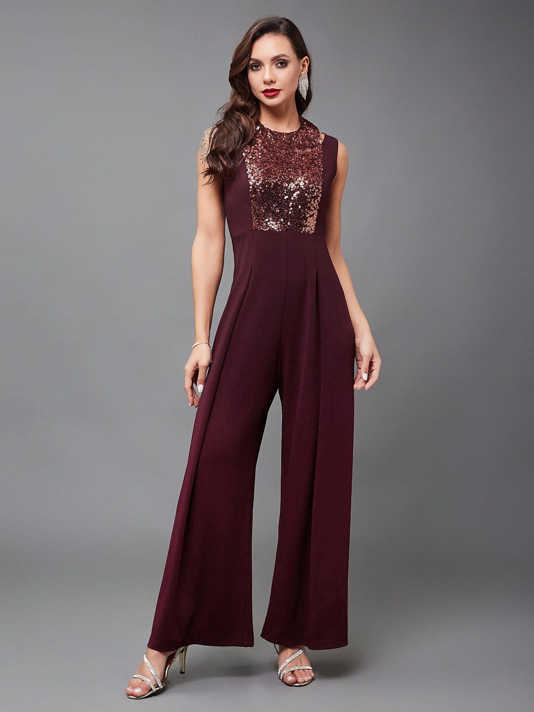 Crease Ease Cocktail Women's Wine Color Halter Neck Sleeveless Solid Pleated Sequin Panelled Jumpsuit