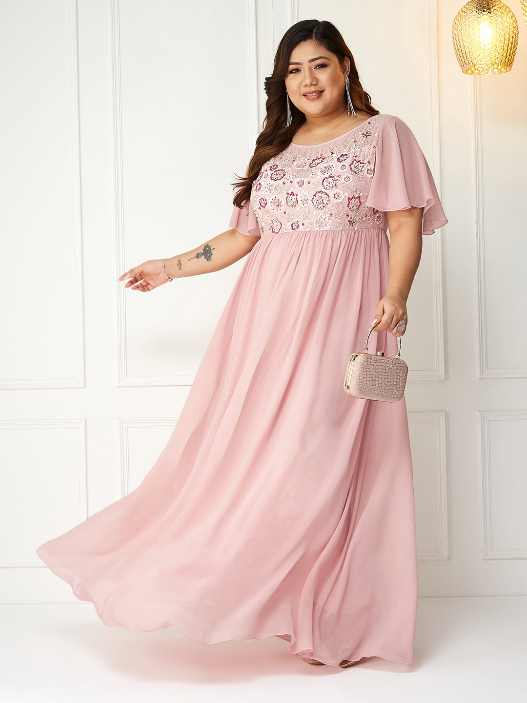 Women's Blush Pink Sequin Embroidery Maxi Dress