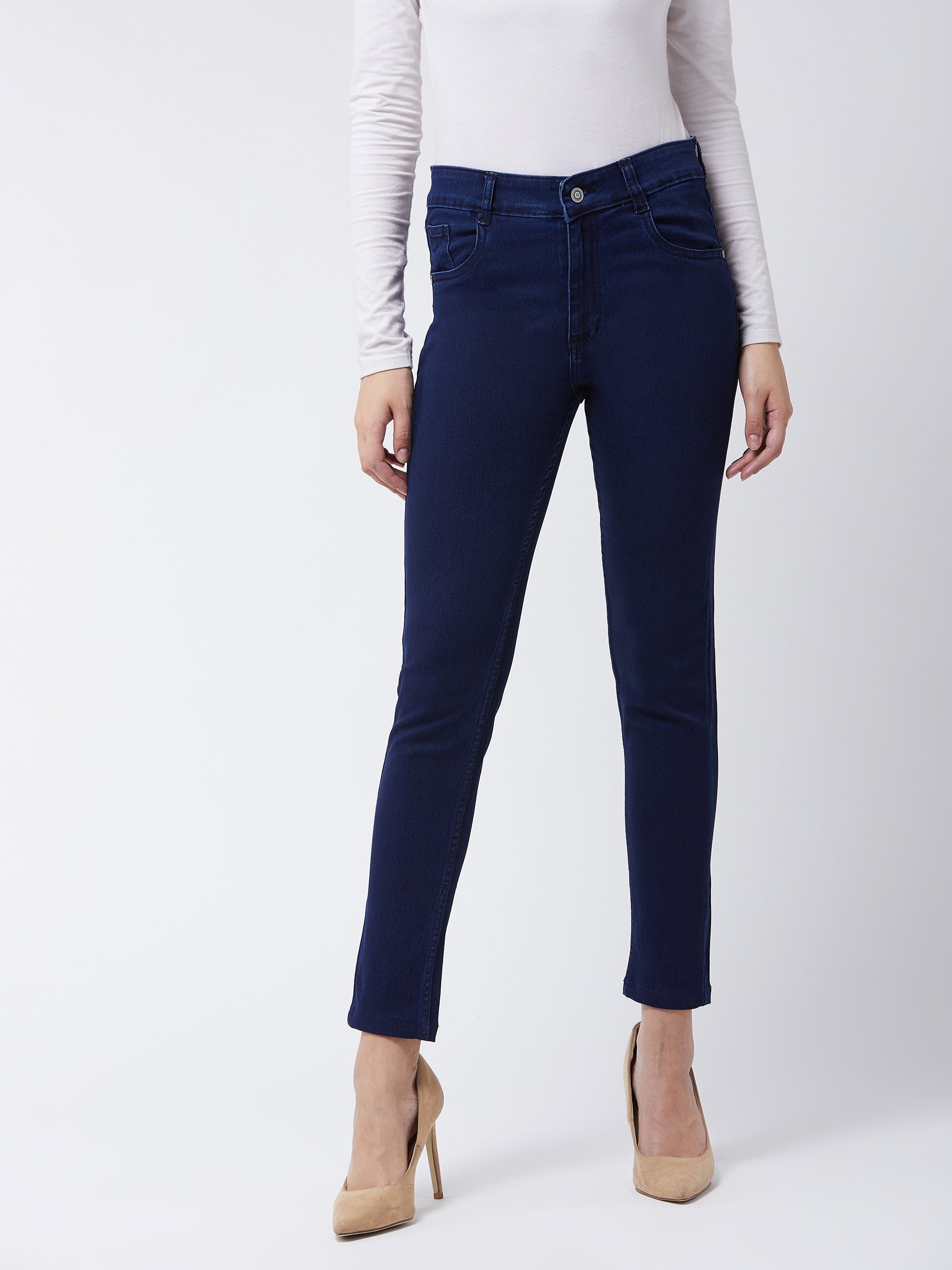 Women's Navy Blue Skinny Fit Mid Rise Cropped Length Denim Stretchable Jeans