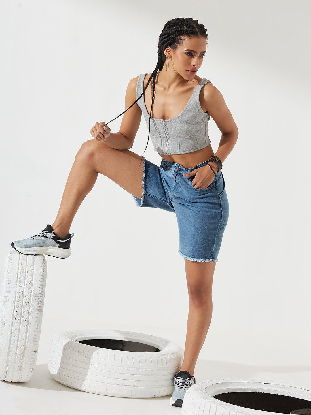 Light-Blue Regular High-Rise Above Knee Stretchable Denim Shorts for Women