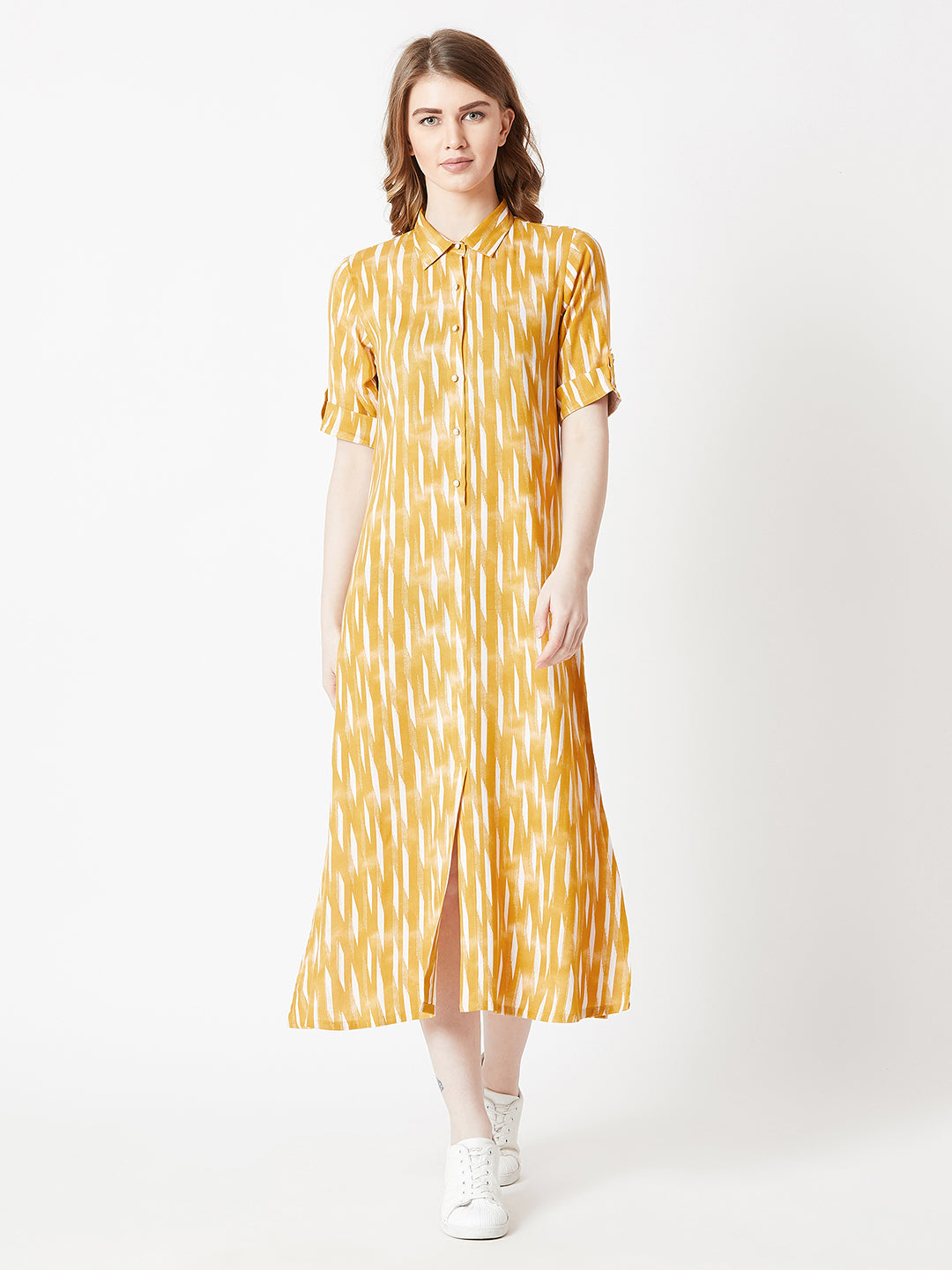 Women's Multicolored With A Yellow Base Collared Elbow Sleeve Geometric Print Side Slit Buttoned Midi Collared Shirt Dress