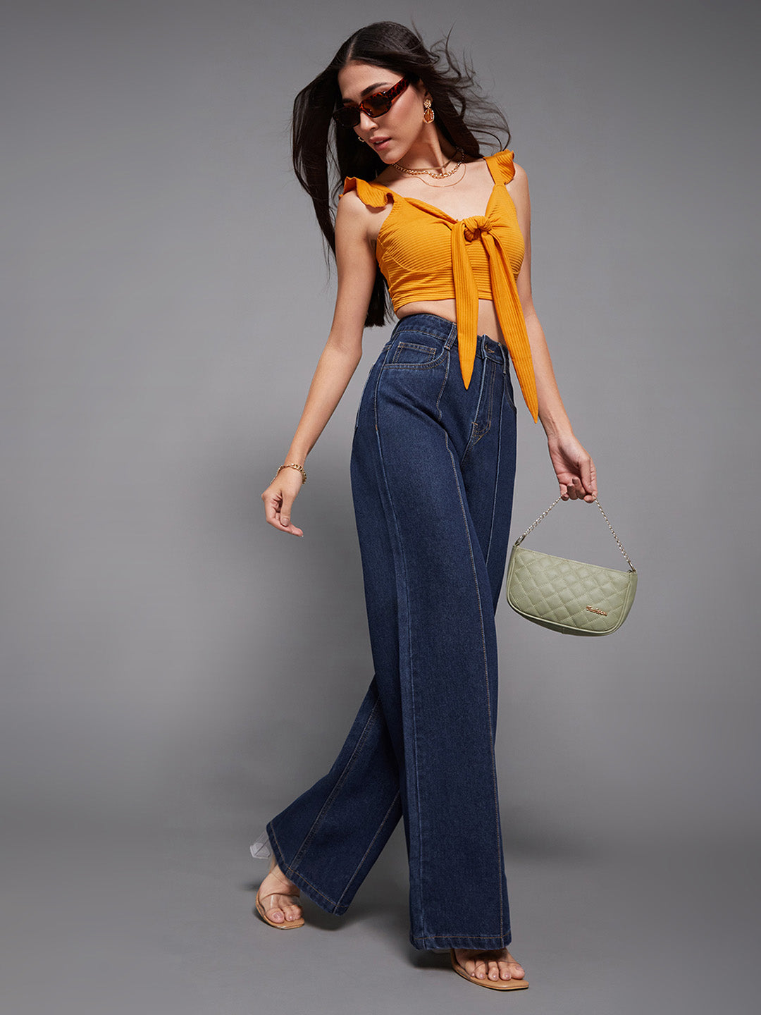 Premium Navy Blue Wide Leg High-Rise Non-stretchable Denim Jeans