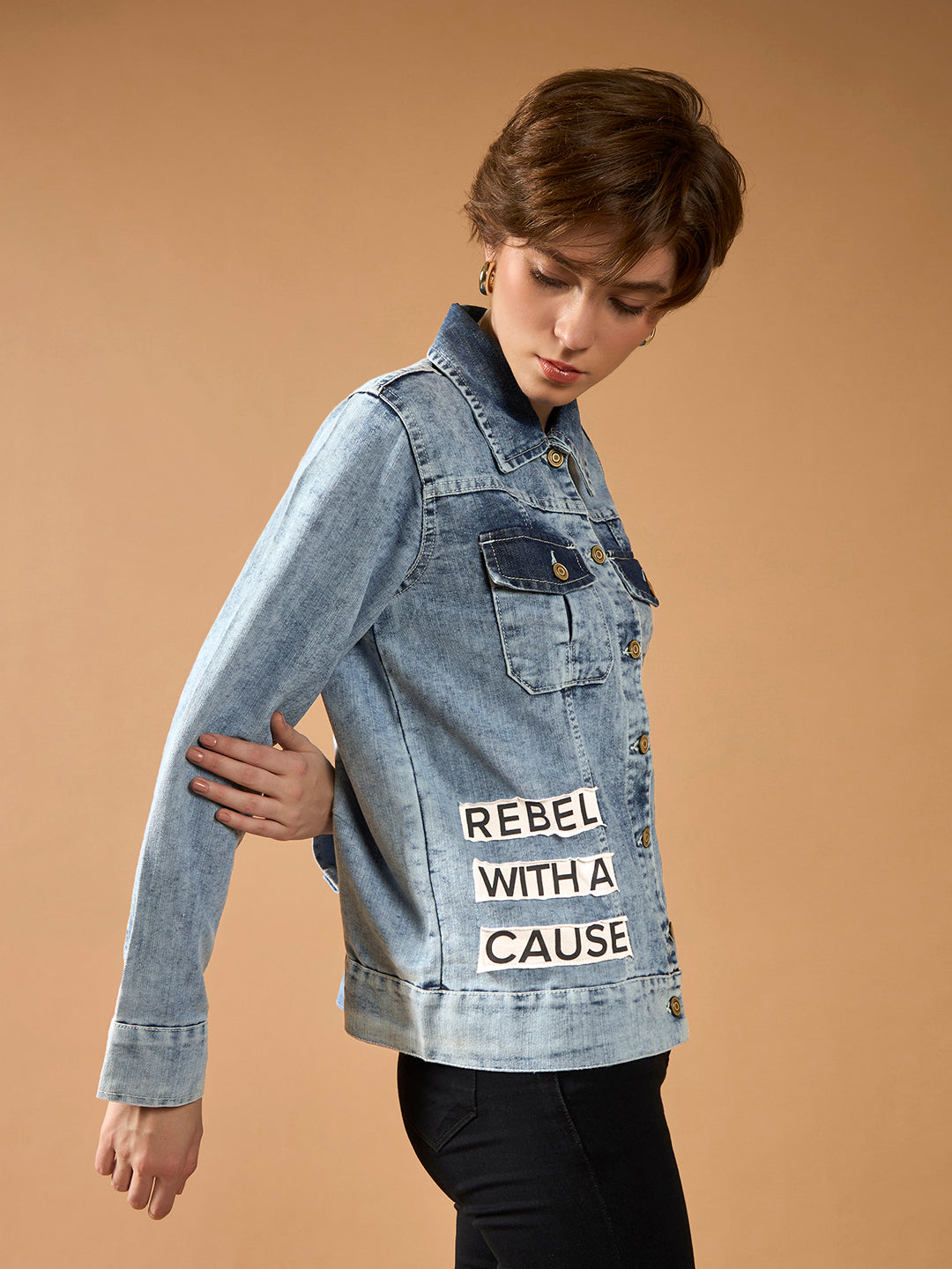 Women's Light Blue Polo Neck Solid Full Sleeve Bomber Regular Length Jacket