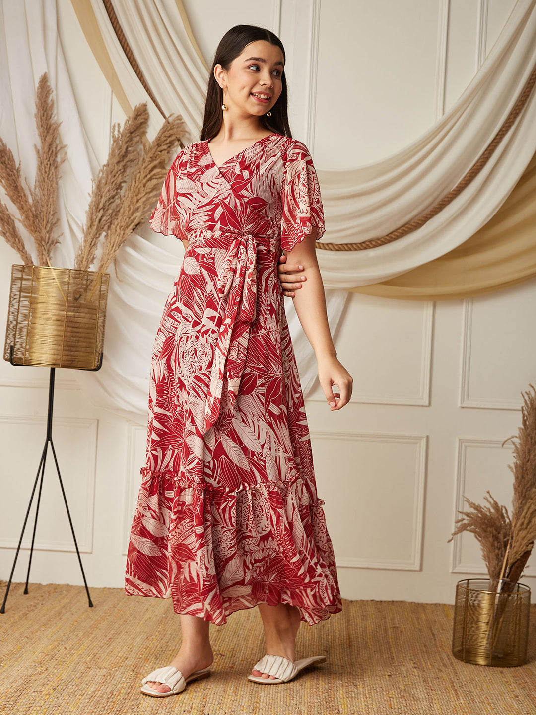 Multicolored-Base-Maroon V Neck Flared Sleeve Floral Wrap Maxi Dress