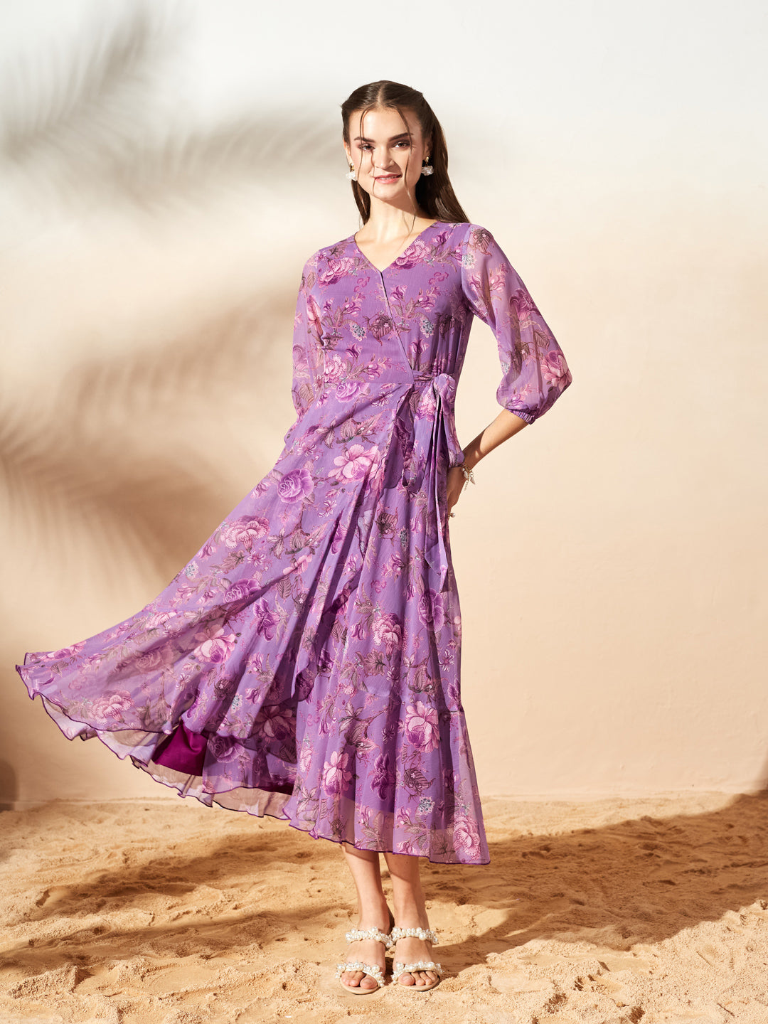 Women’s Multicolored Lavender Floral V-Neck 3/4 Sleeve Wrap Chiffon Midi Dress for Women