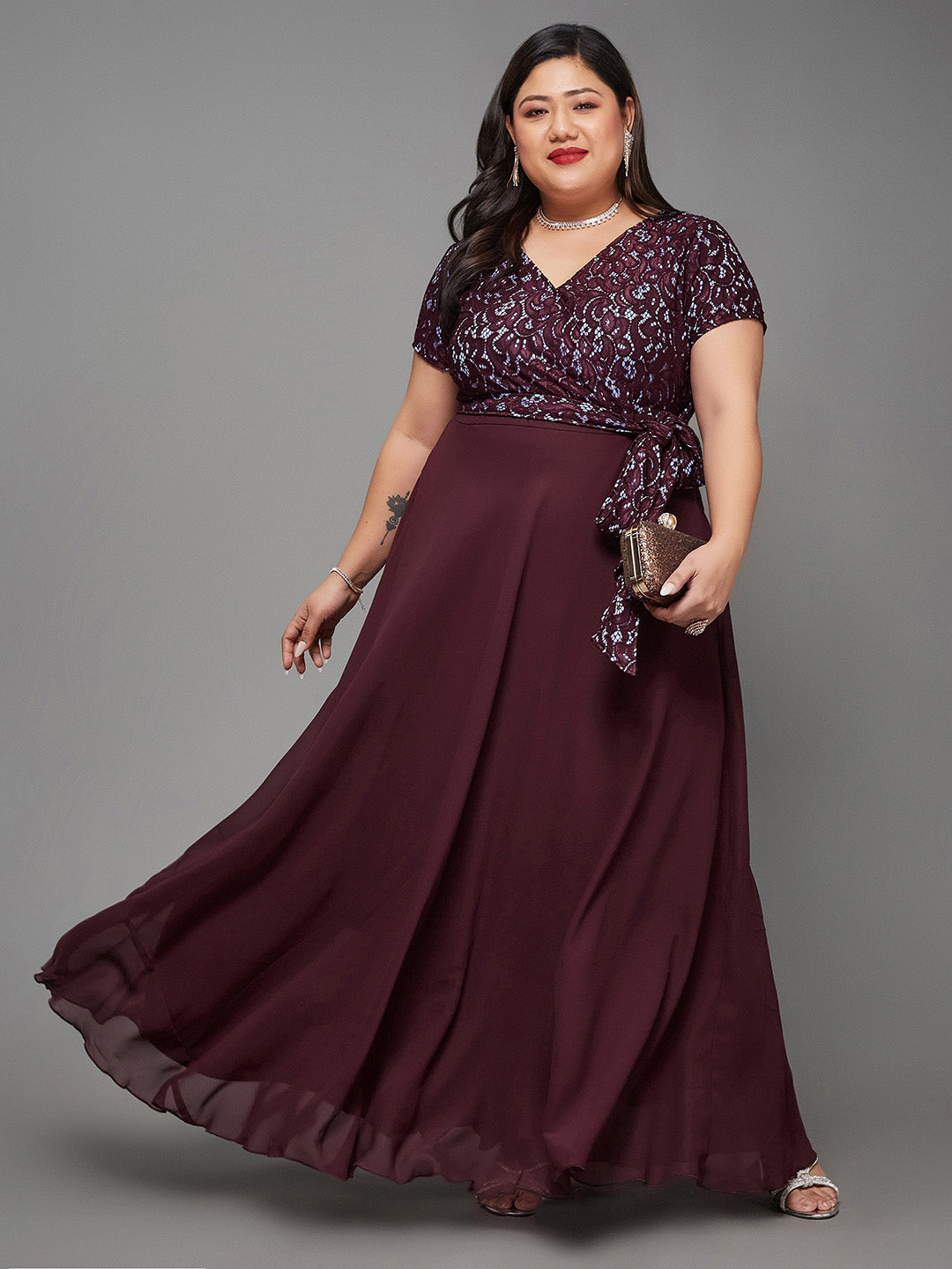 Women's Wine Colored V-Neck Short Sleeve Self Designed Lace Overlaid Maxi Georgette Dress