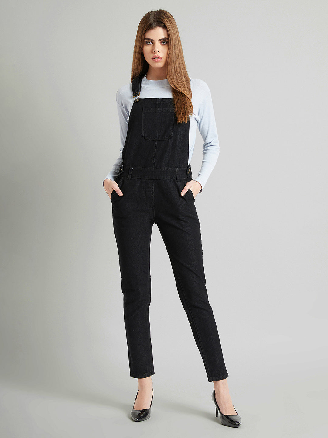 Women's Black High Rise Sretchable Skinny Denim Dungaree