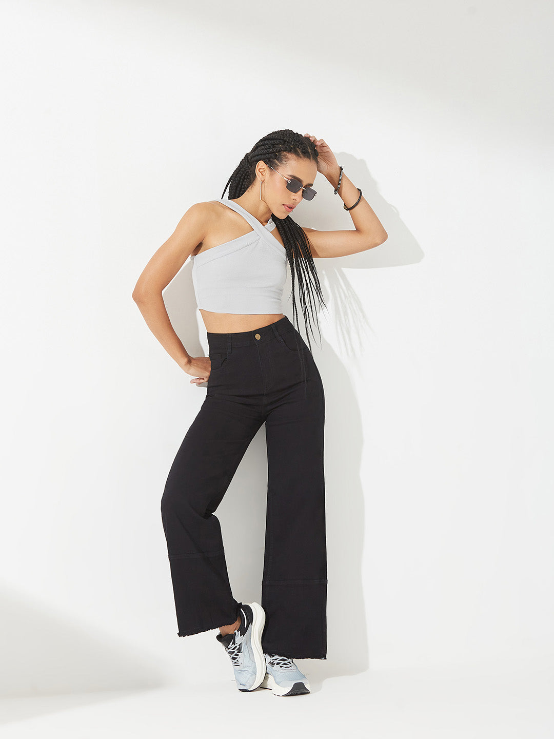 Black Wide-Leg High-Rise Stretchable Denim Jeans for Women