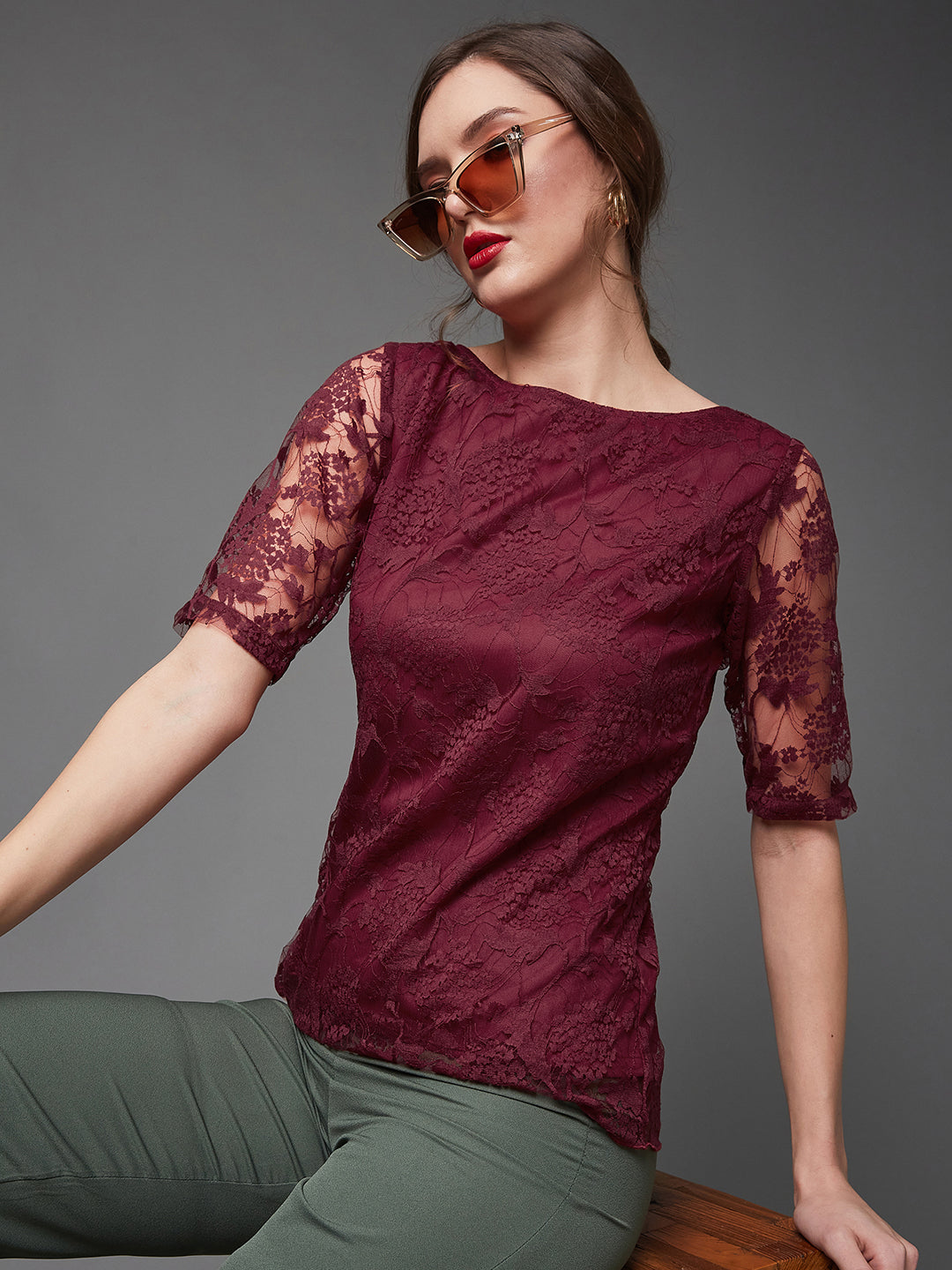 Women's Maroon Relaxed Fit  Regular Lace Top