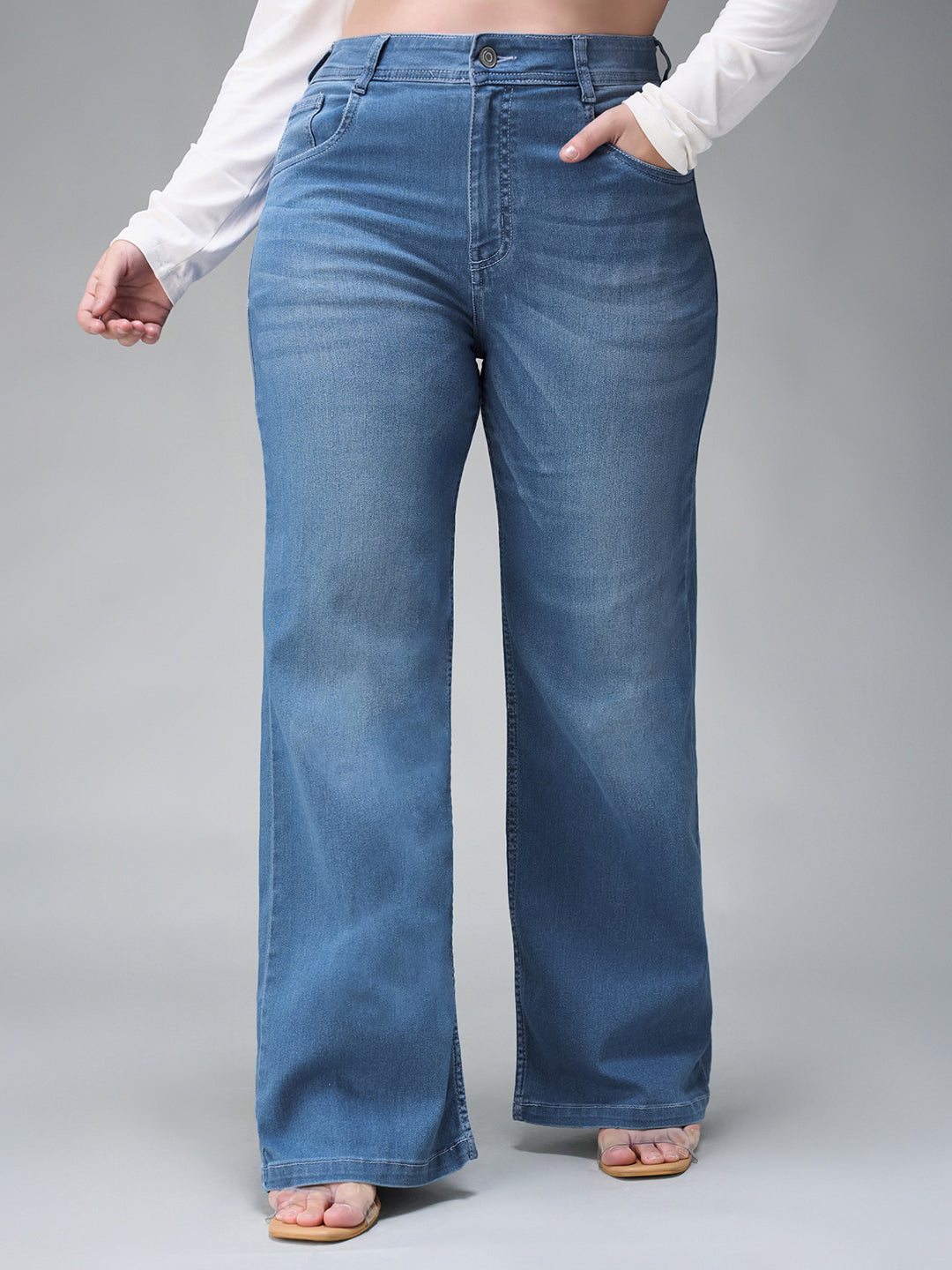 Women's Light Blue Wide-Leg Mid Rise Denim Jeans