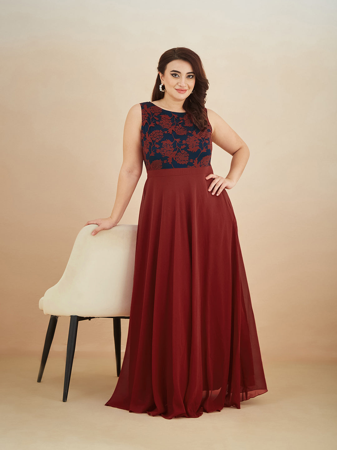 Maroon & Teal Boat Neck Sleeveless Self Design Lace Overlaid Maxi Dress for Women