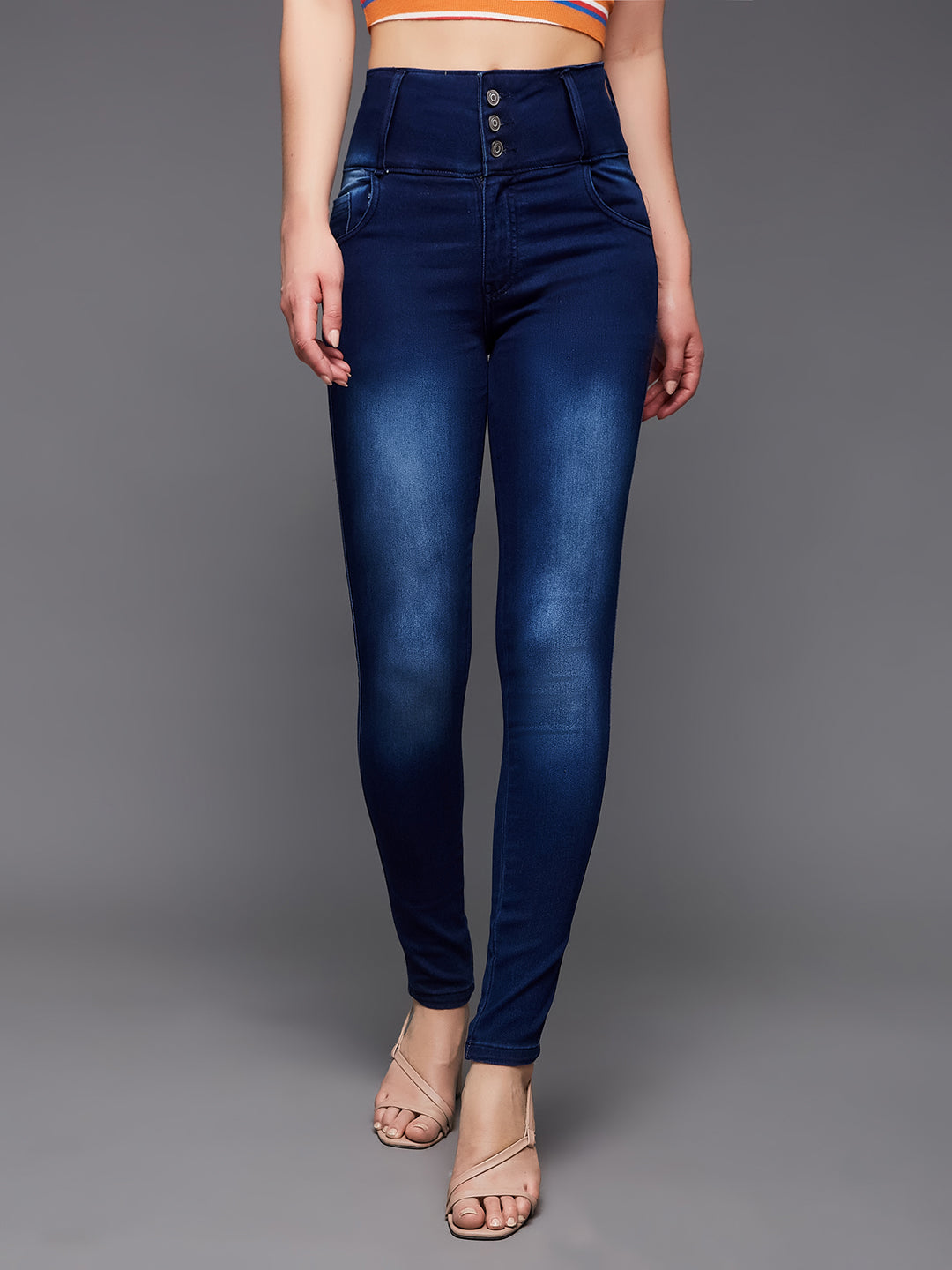 Women's Navy Blue Skinny Fit High Rise Clean Look Regular Length Stretchable High Waist Denim Jeans