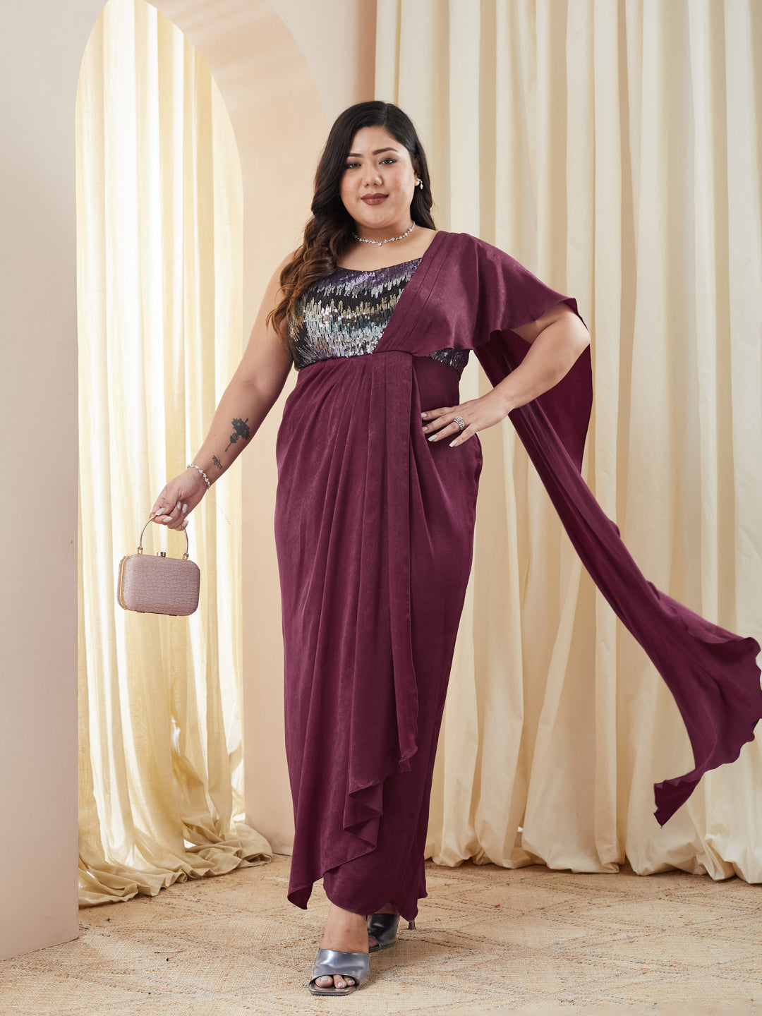 Wine Sweetheart Embellished Gown in Pleated Satin for Women