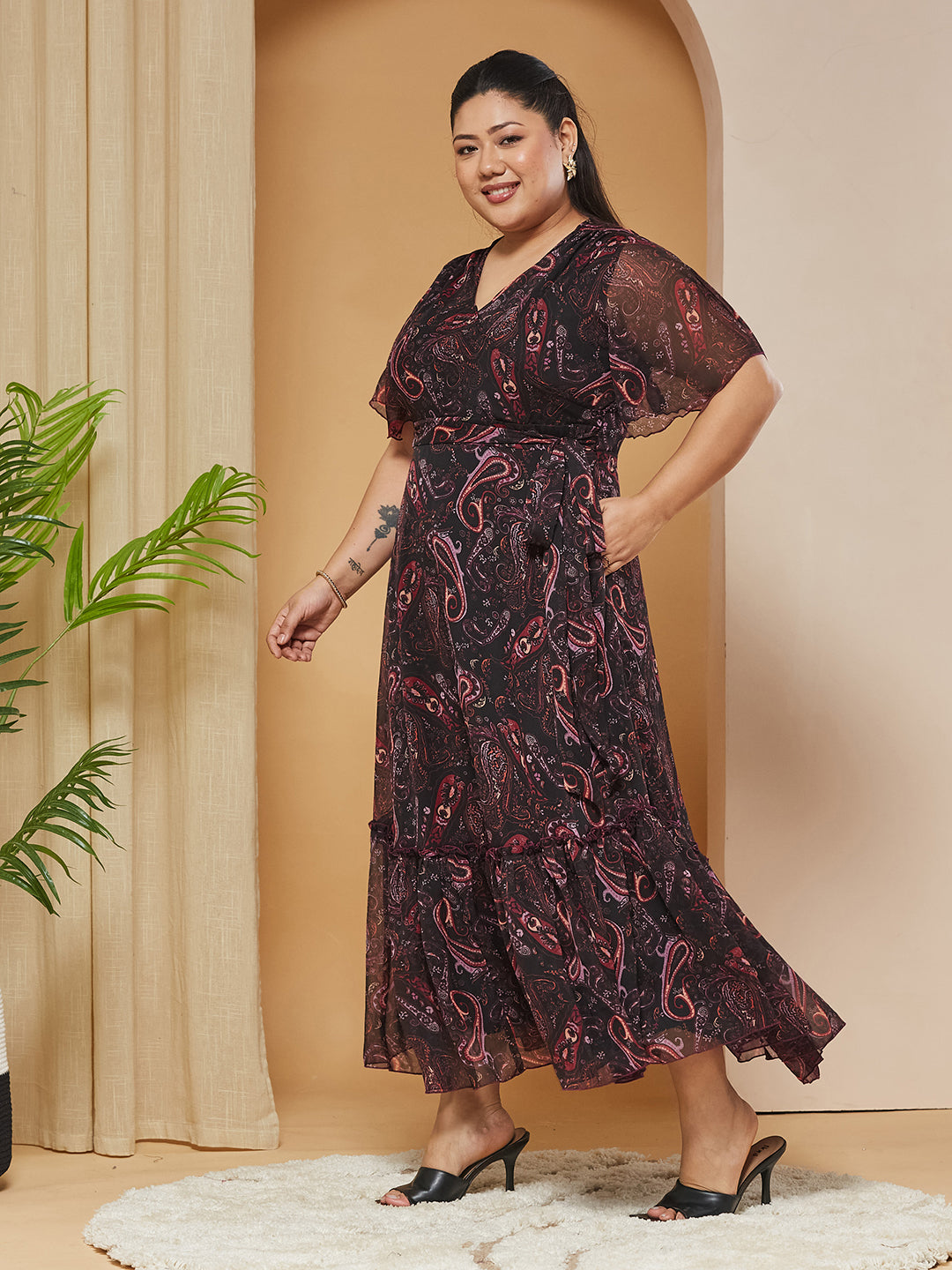 Multicolored-Base-Black Bohemian V-Neck Flutter-Sleeves Chiffon Relaxed Fit Wrap Maxi Dress for Women