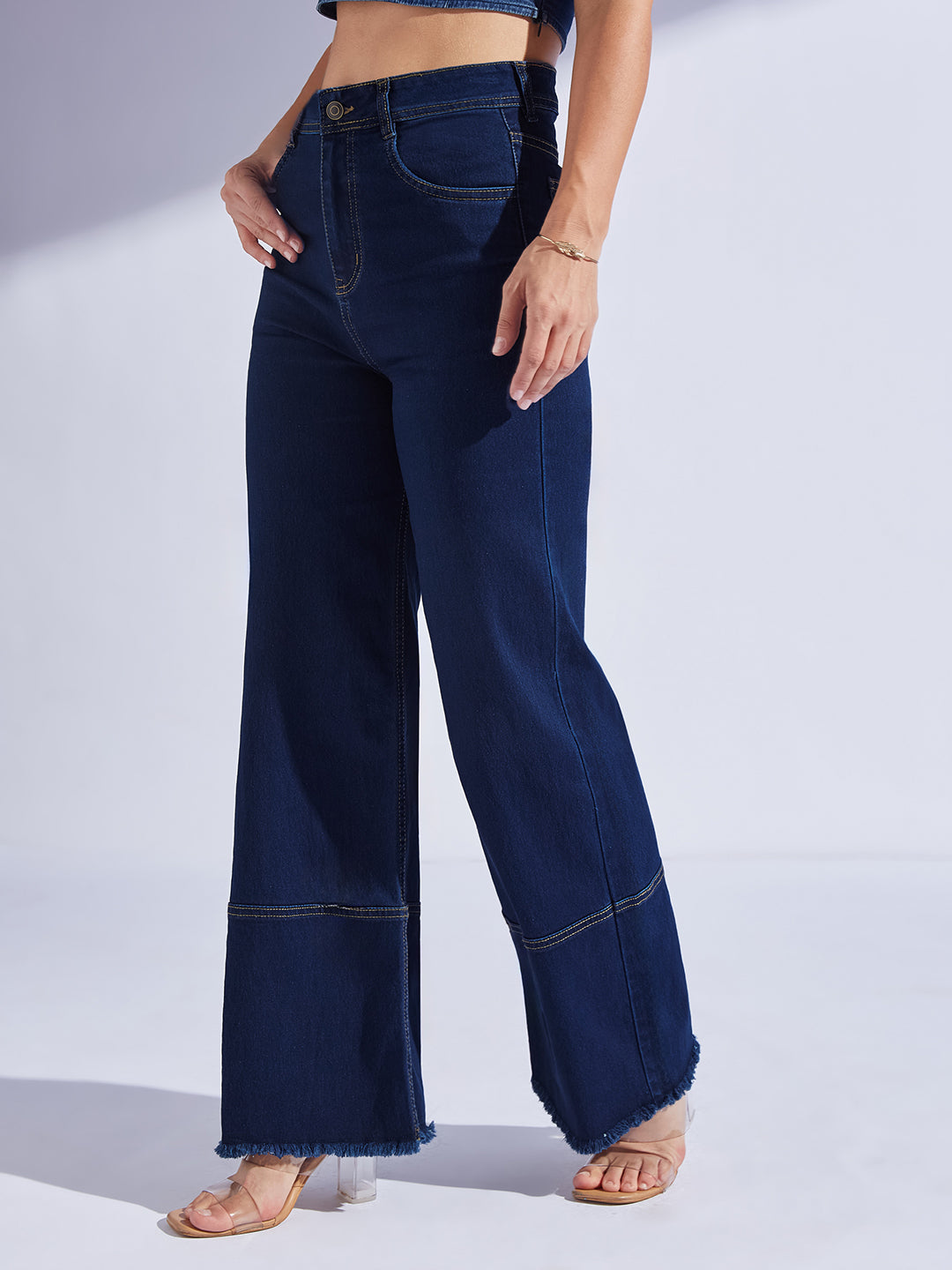 Women's Navy Blue Wide Leg High-Rise Regular-Length Stretchable Denim Jeans