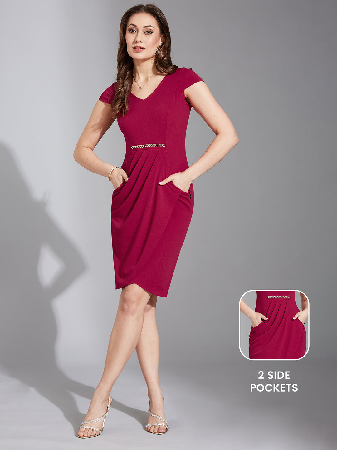 Women's Pink Solid V Neck Cap Sleeves Polyester Side Pocketed Knee Long Dress