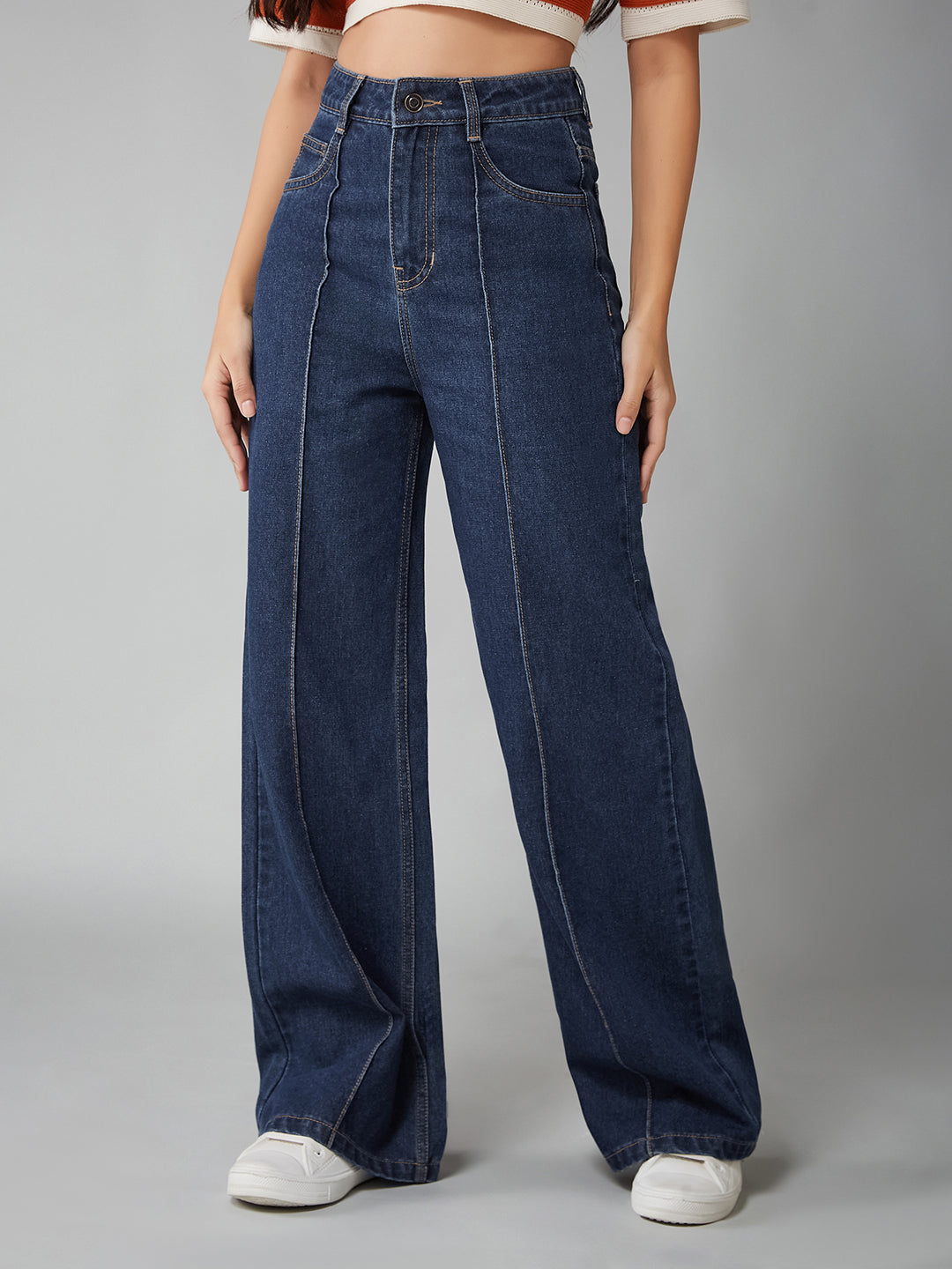 Women's Navy Blue Wide-Leg High-Rise Clean-Look Regular-Length Non-stretchable Denim Jeans