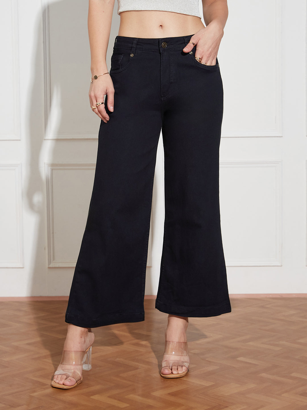 Black Wide-Leg Mid Rise Clean Look Cropped Stretchable Denim Jeans for Women