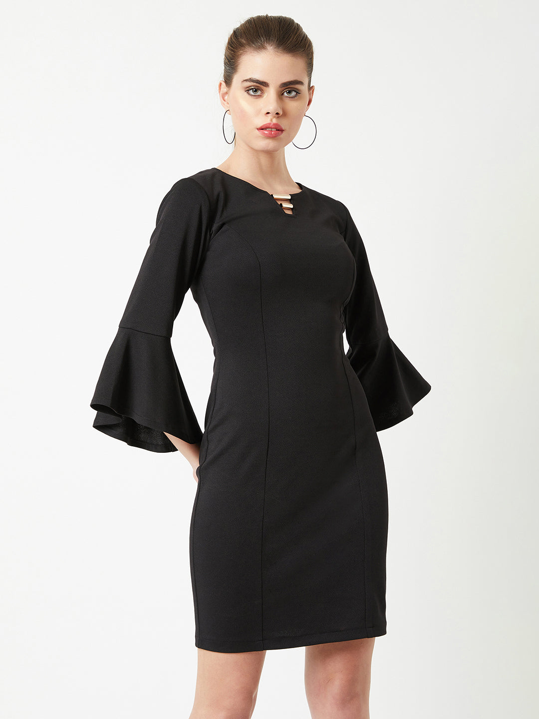 Black Boat-Neck Ruffled Solid Bodycon Knee Length Dress for Women