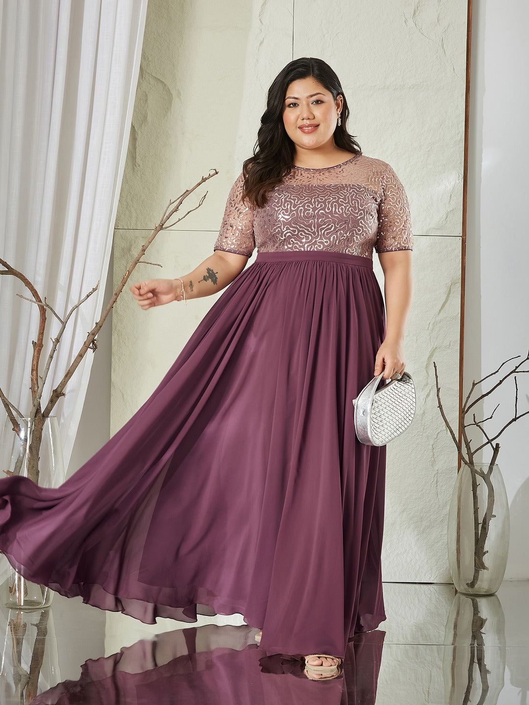 Mauve Relaxed Fit Maxi Georgette & Sequins Dress for Women