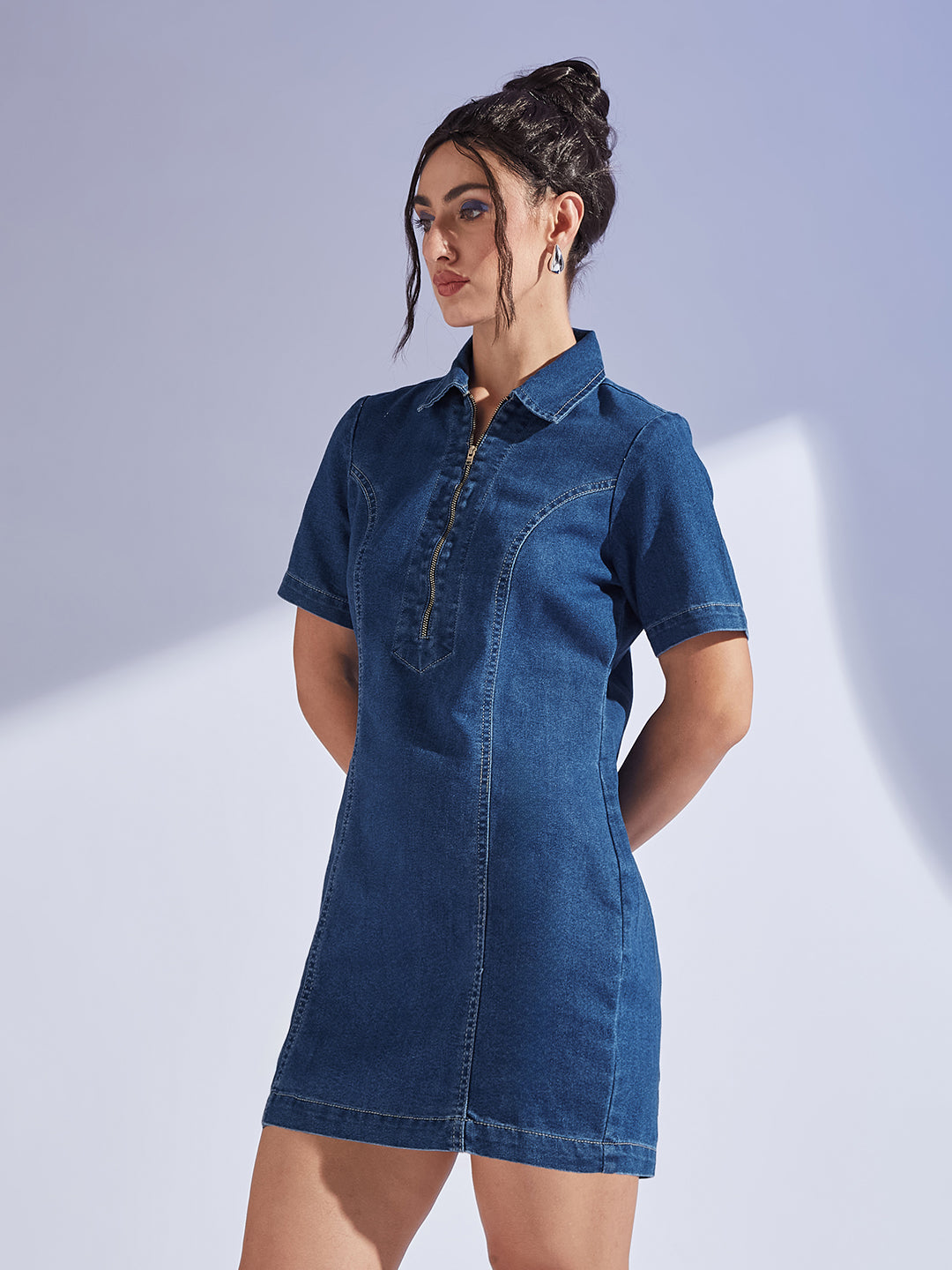 Women's Dark Blue Collared Half Sleeve Princess Seam Sheath Mini Dress