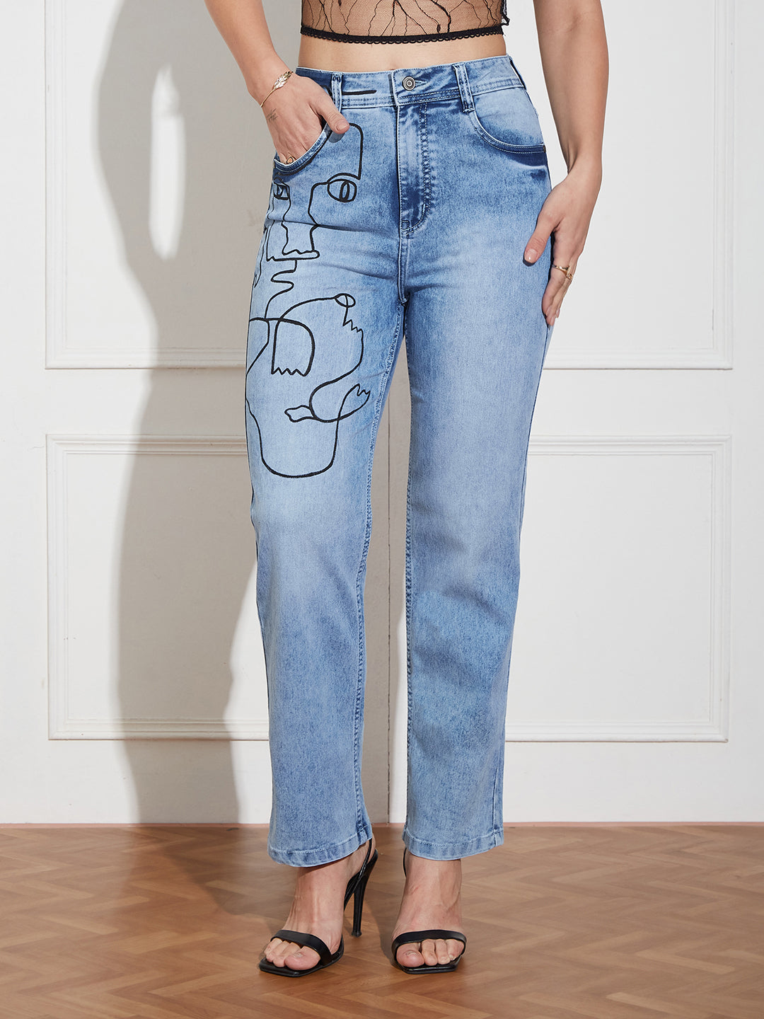 Women's Light Blue Mom Fit High Rise Hand Painted Heavy Wash Stretchable Denim Jeans