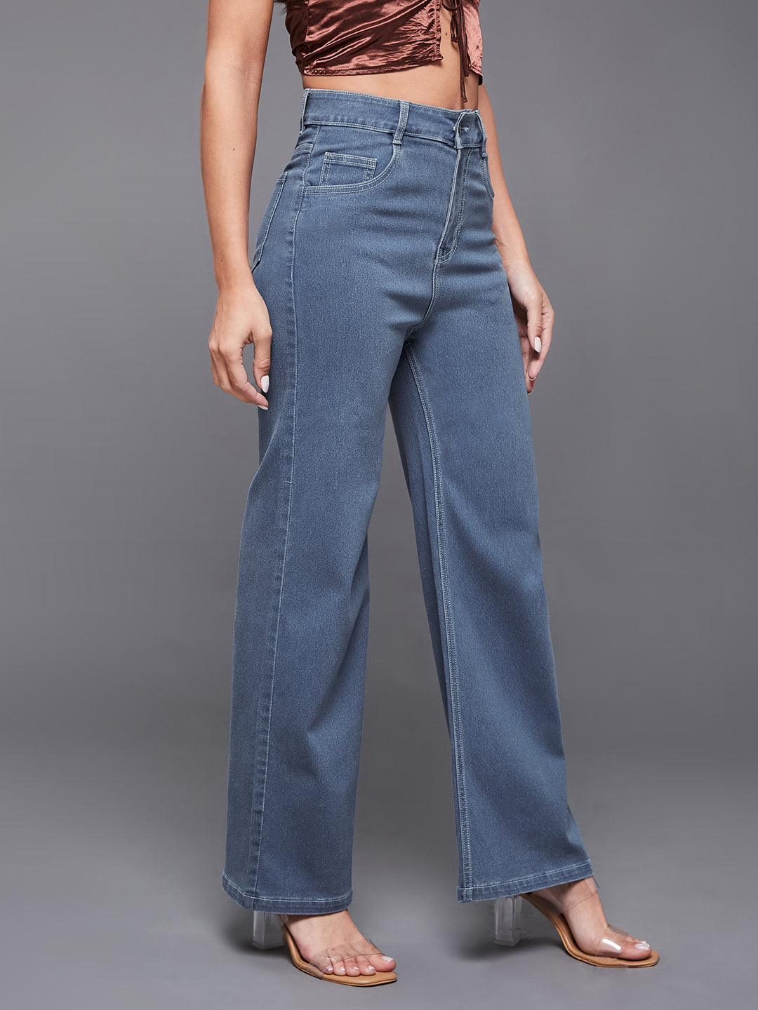 Women's Blue Wide-Leg High-Rise Clean Look Regular-Length Stretchable Denim Jeans