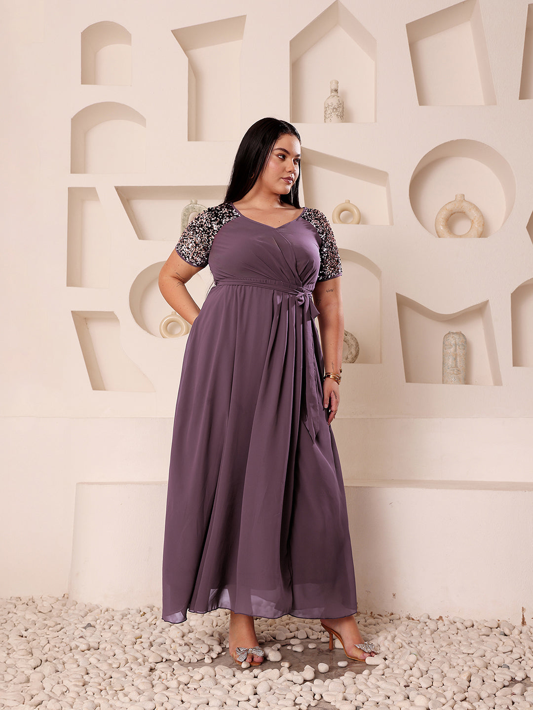 Body Bliss Mauve Relaxed-Fit Maxi Georgette Dress