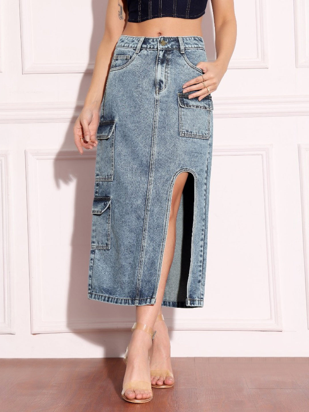 Premium Blue Straight-Fit High-Rise Non-stretchable Denim Midi Skirt