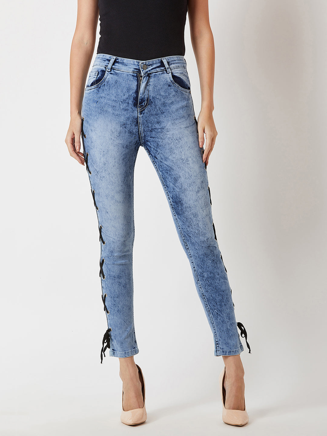 Women's Light Blue Slim Fit High Rise Twill tape and Eyelet detailing Stretchable Denim Jeans