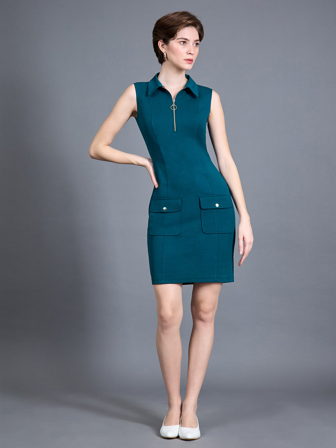 Women's Solid Teal Sleeveless Collared Bodycon Above-Knee Polyester Dress