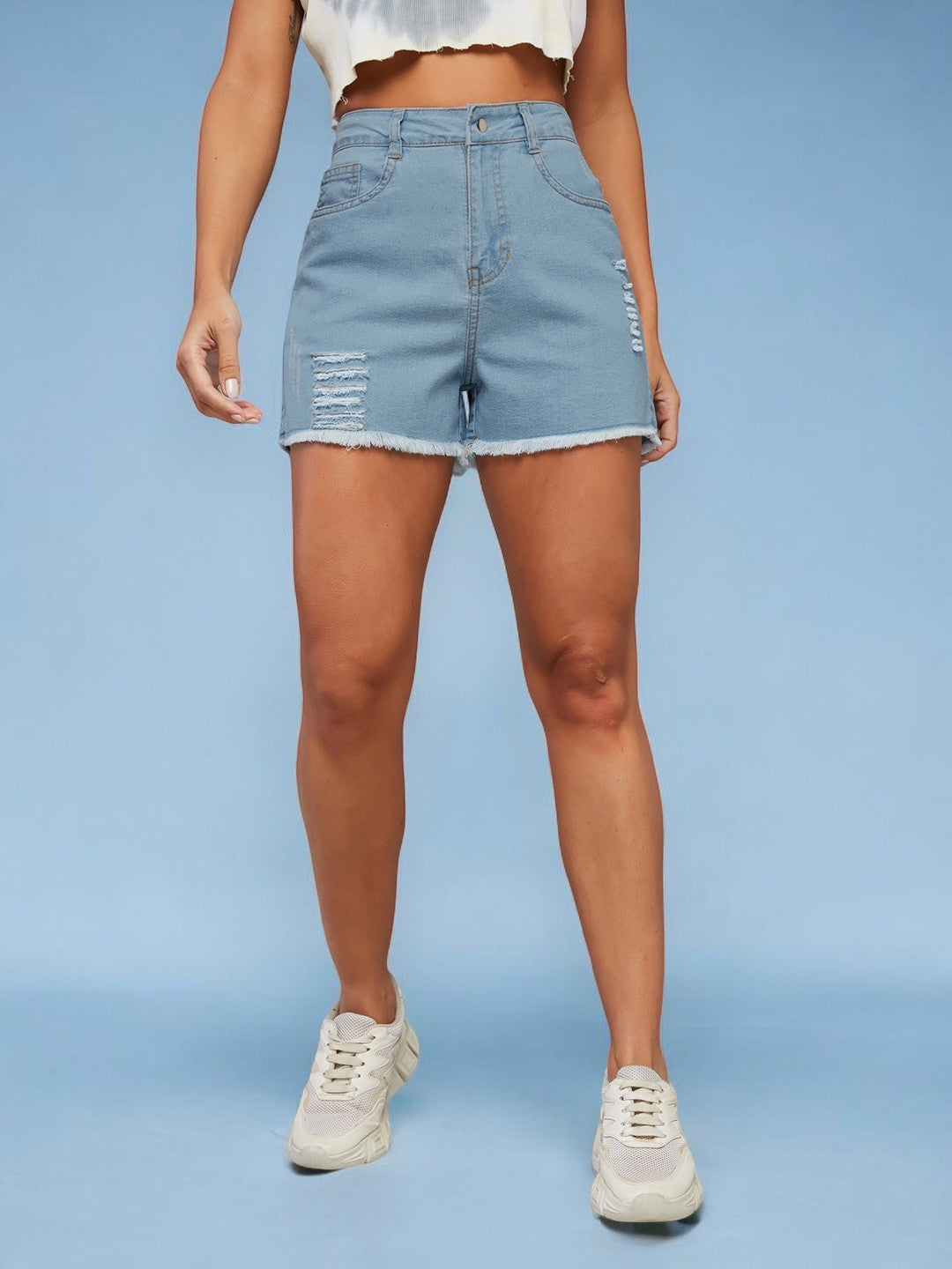 Women's Blue Relaxed Mid Rise High Distress Regular Non Stretchable Denim Shorts