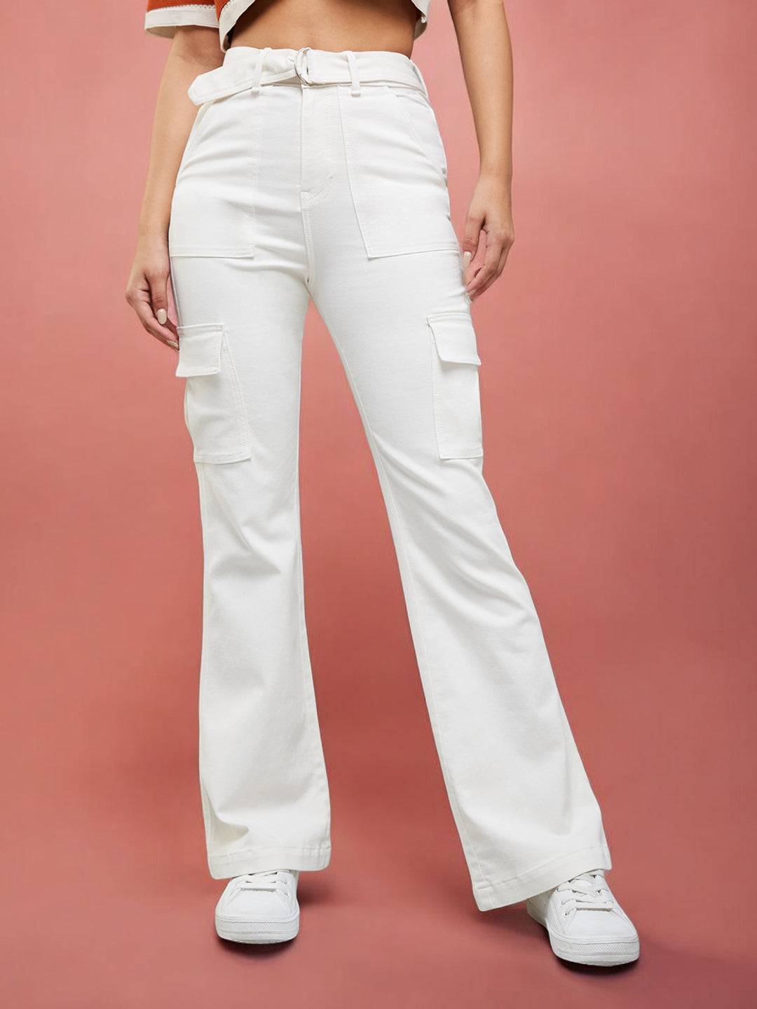 24/7 Comfort Women's White Wide Leg High Rise Clean Look Cargo Regular Stretchable Denim Jeans