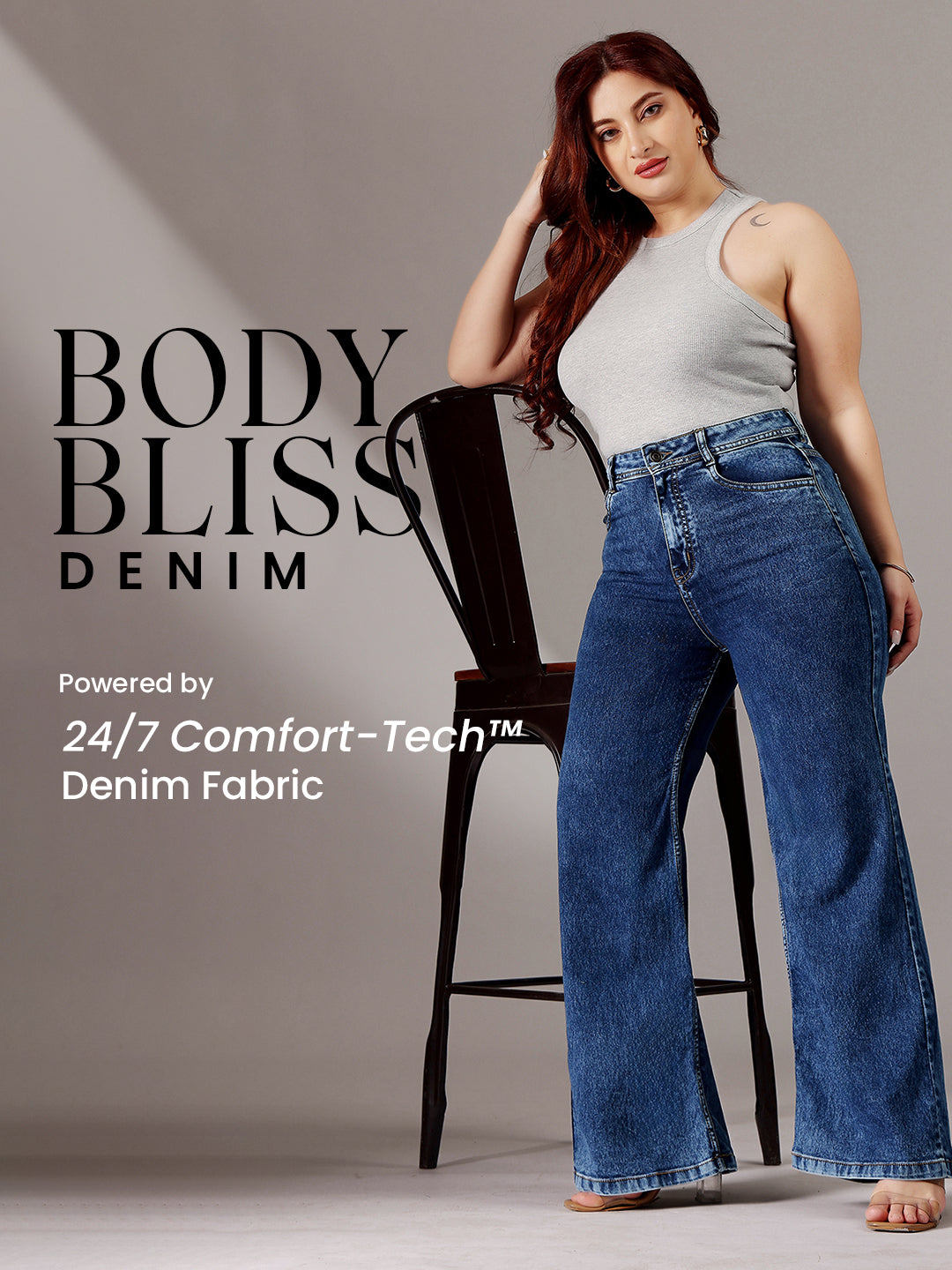 Body Bliss Mid-Blue Wide-Leg High-Rise Regular-Length Stretchable Denim Jeans for Women