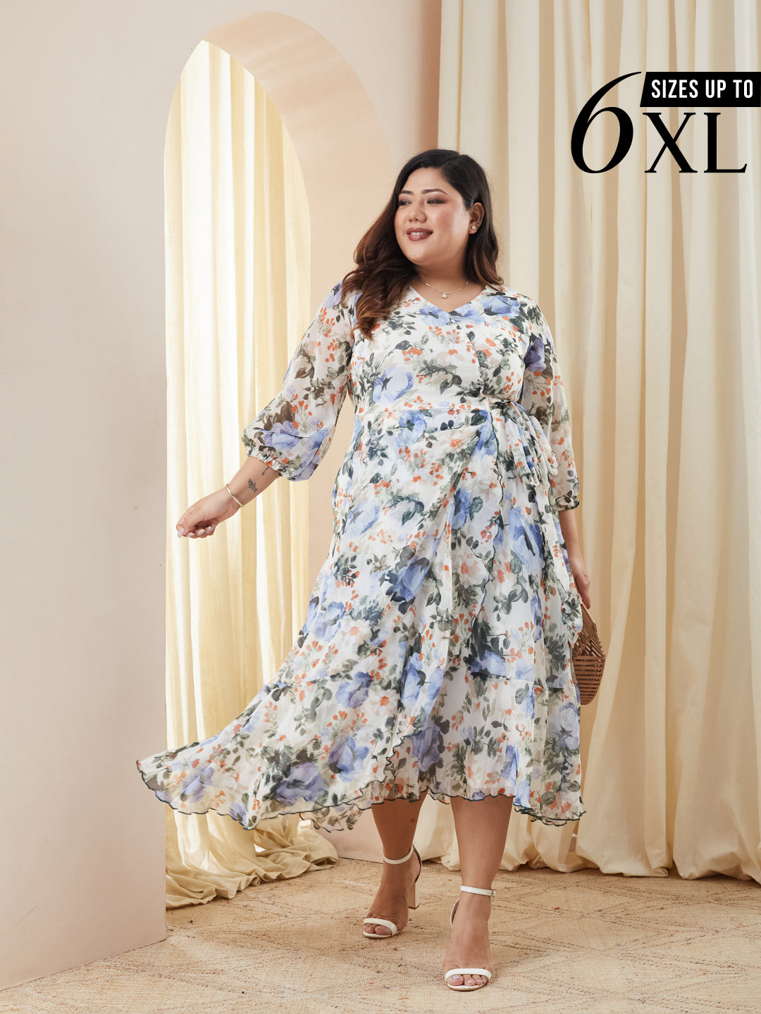 Multicolored-Base-Off White V-Neck Three-Quarter Sleeve Floral Wrap Chiffon Midi Dress for Women