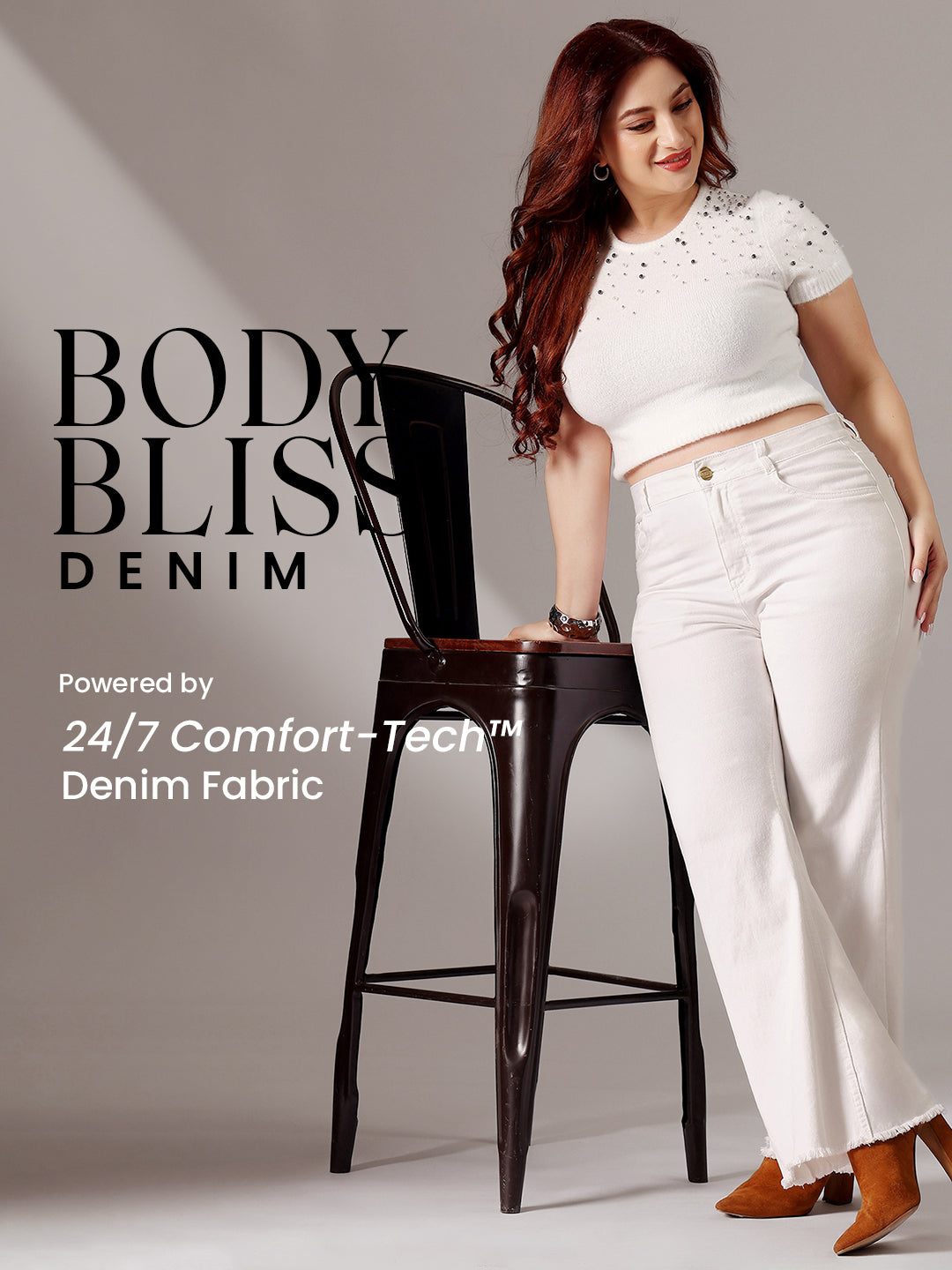 Body Bliss White Bootcut High-Rise Clean-Look Stretchable Denim Jeans for Women