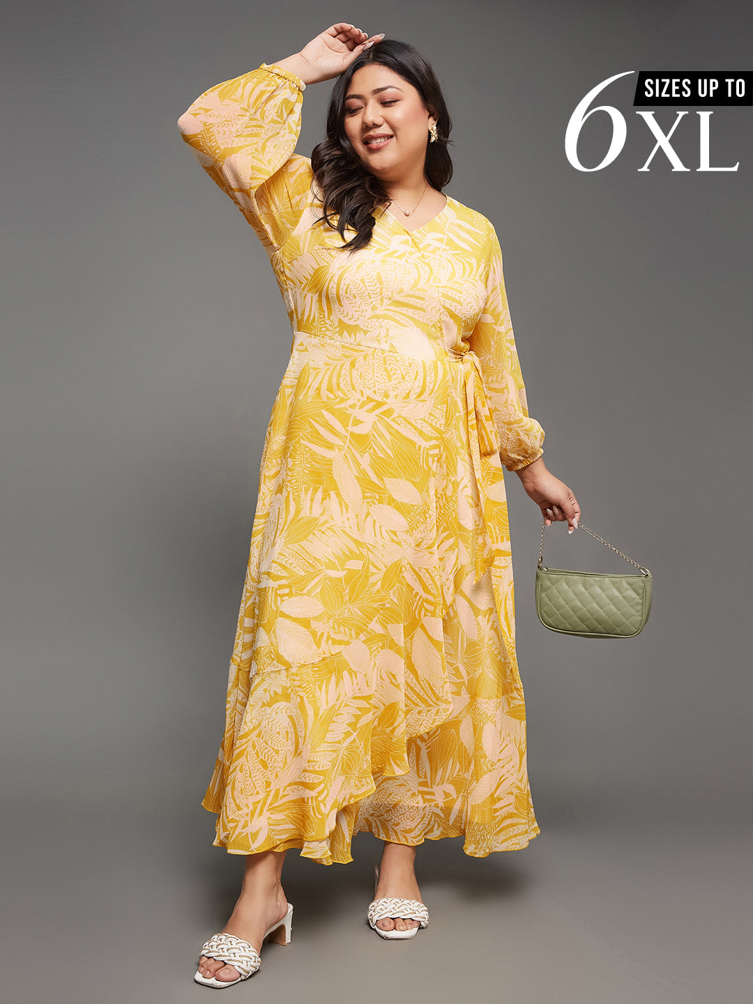 Yellow Floral Printed Full Sleeves Fit and Flare Maxi Dress for Women