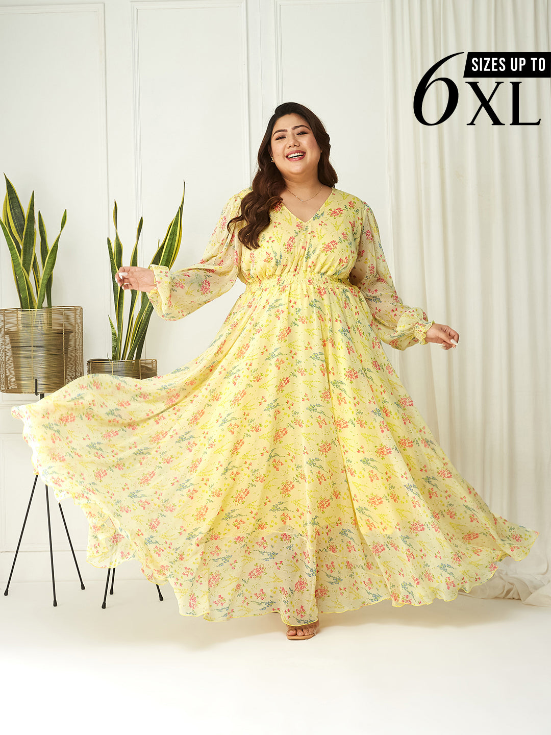 Yellow Full Sleeves Floral Printed Fit and Flare Dress for Women