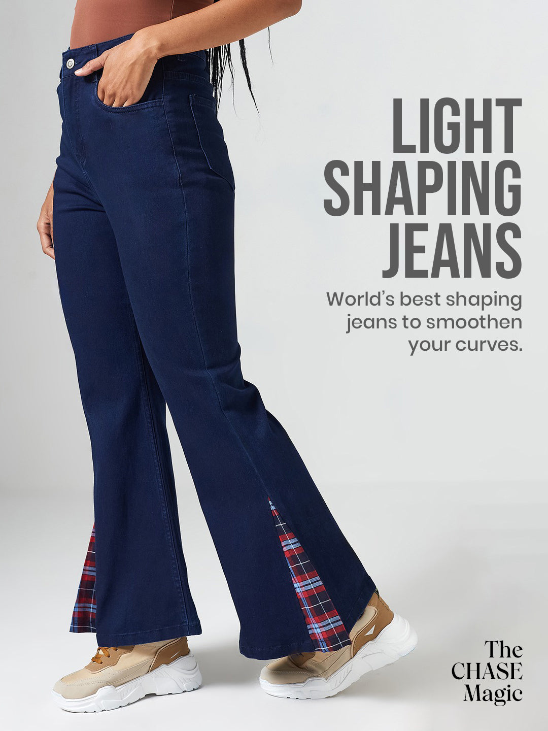 CHASEshape™ Light-Shaping High-Rise Checkered Navy Blue Stretchable Denim Bootcut Jeans for Women