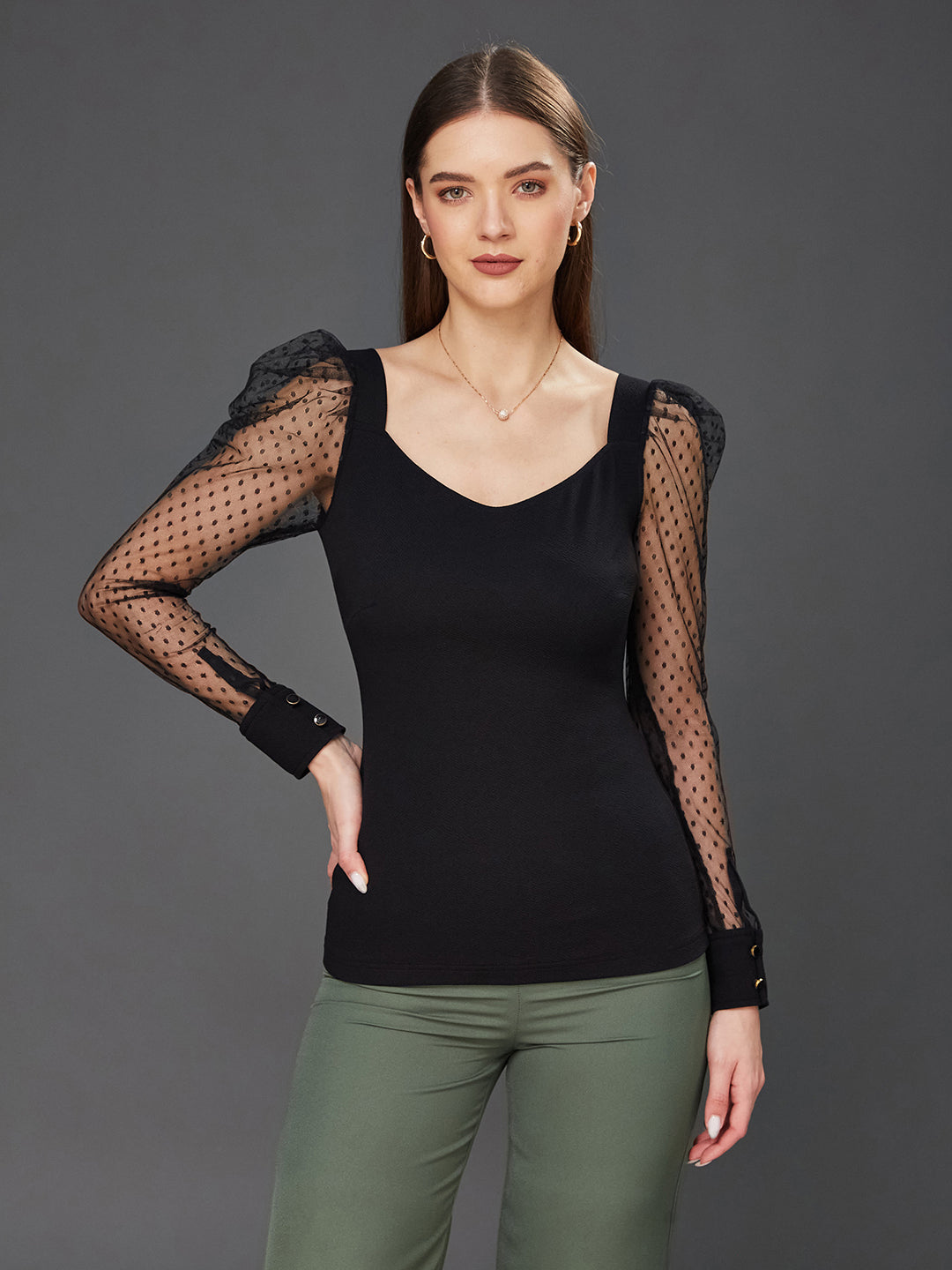 Crease Ease Women's Black Solid V-Neck Full Sleeve Relaxed Fit Regular Top