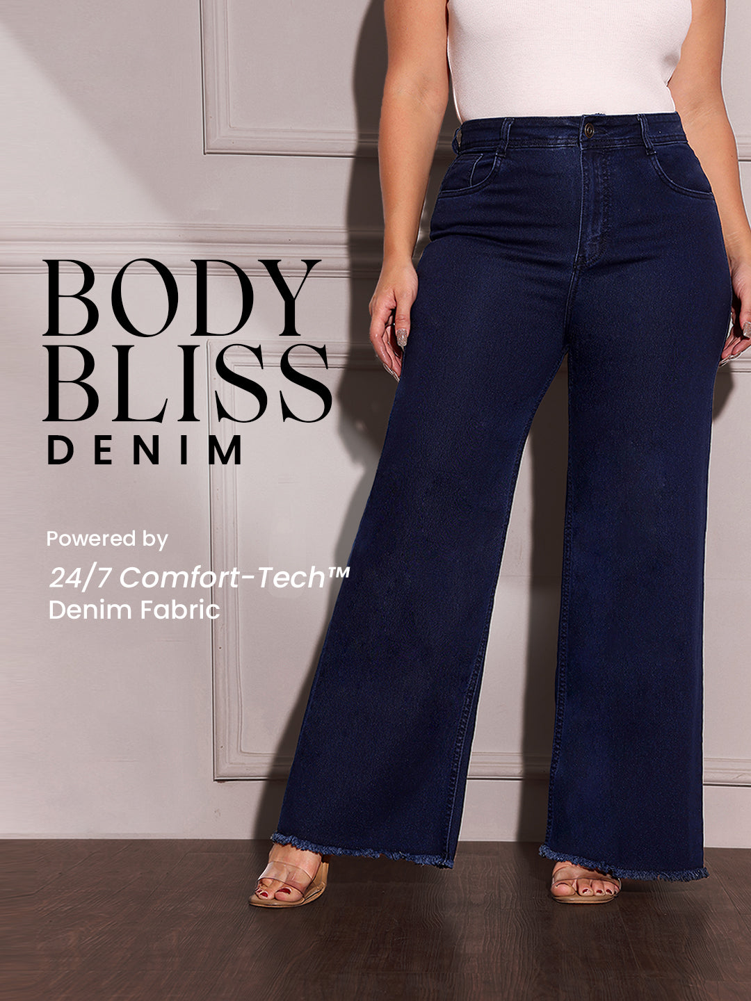 Body Bliss Navy-Blue Wide-Leg High-Rise Clean-Look Regular-Length Stretchable Denim Jeans for Women